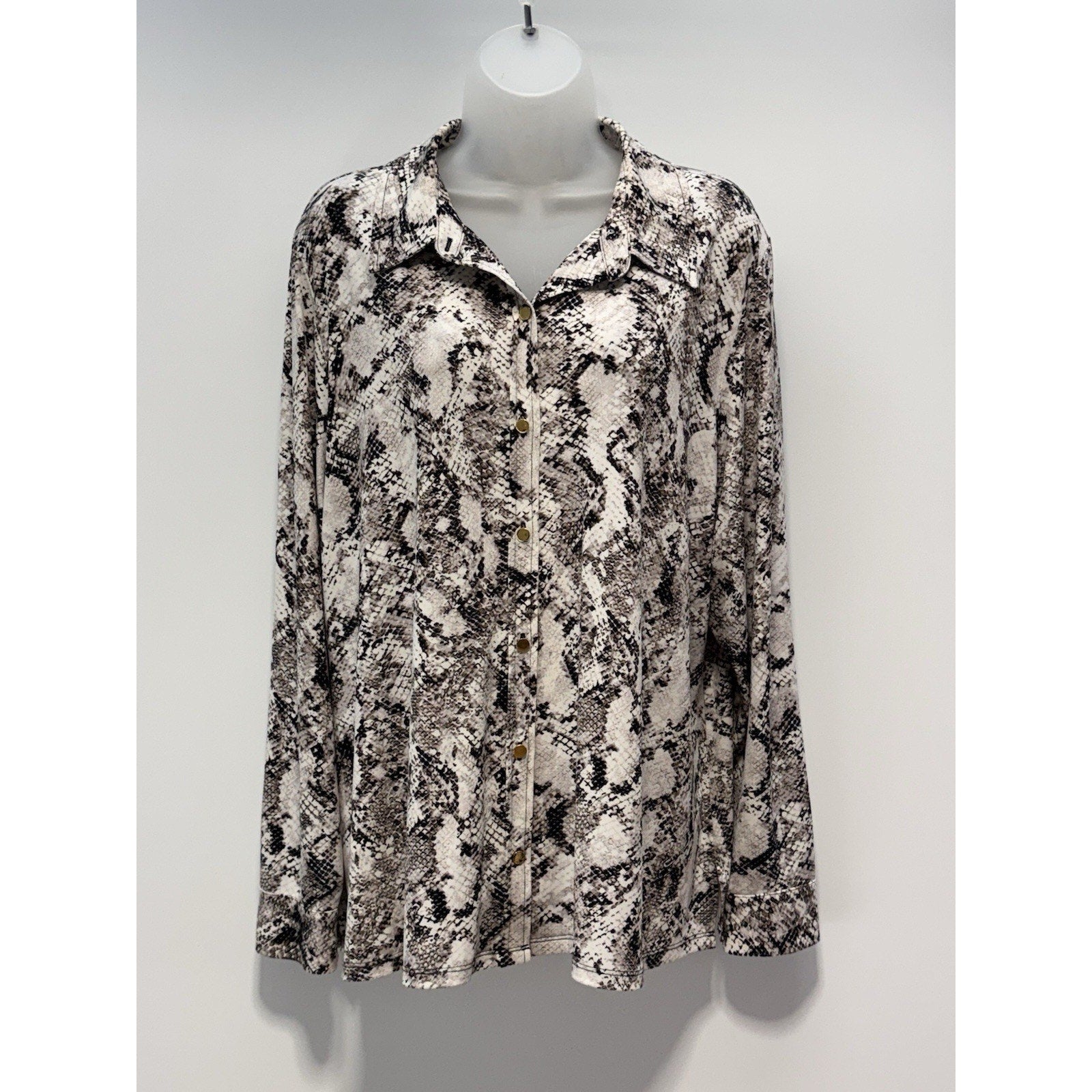 Calvin Klein Snakeskin Print Stretch Knit Gold Buttons Ivory Brown Women’s 1X