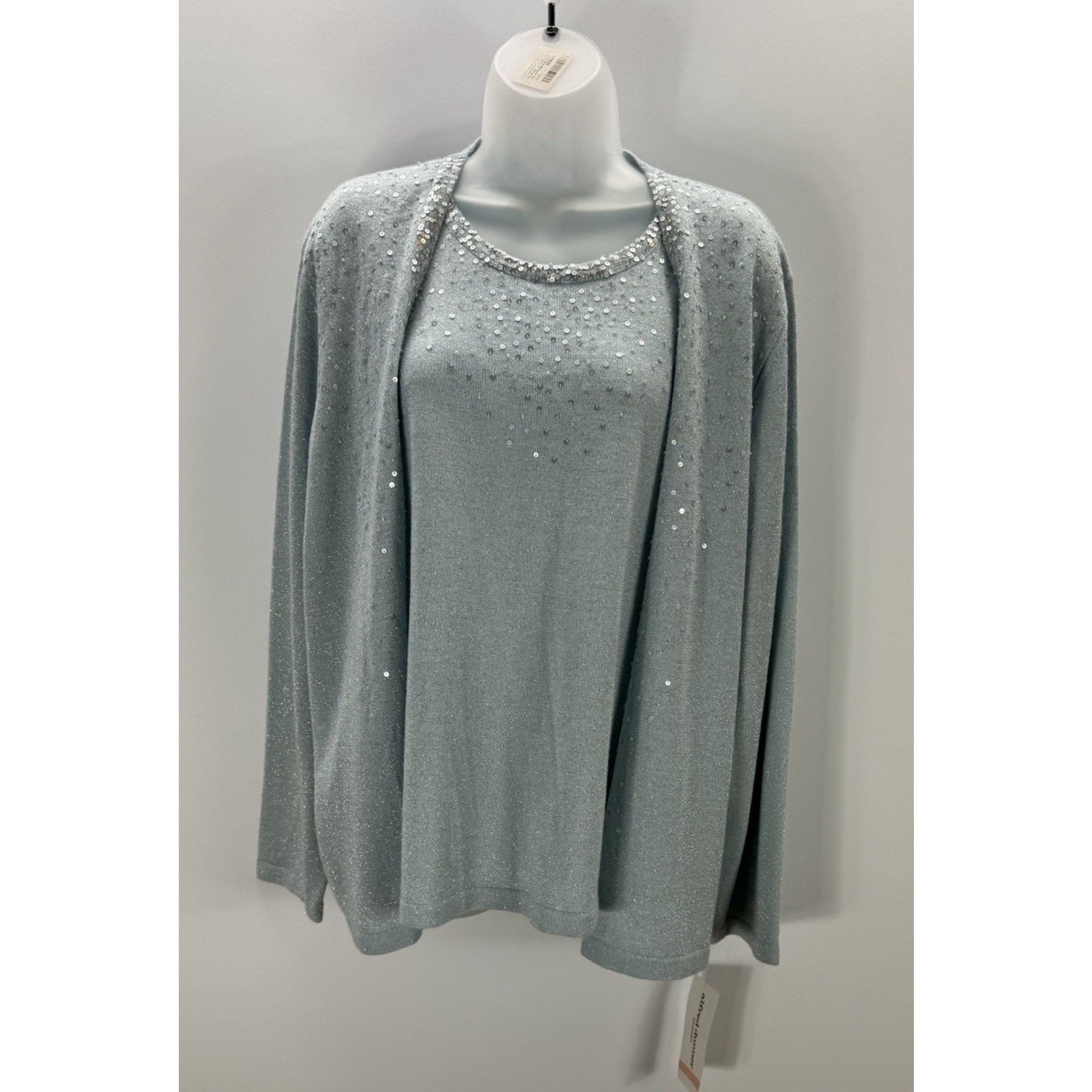 Alfred Dunner 2XL Silver Embellished Cardigan w/Built In Shell Tank Blue