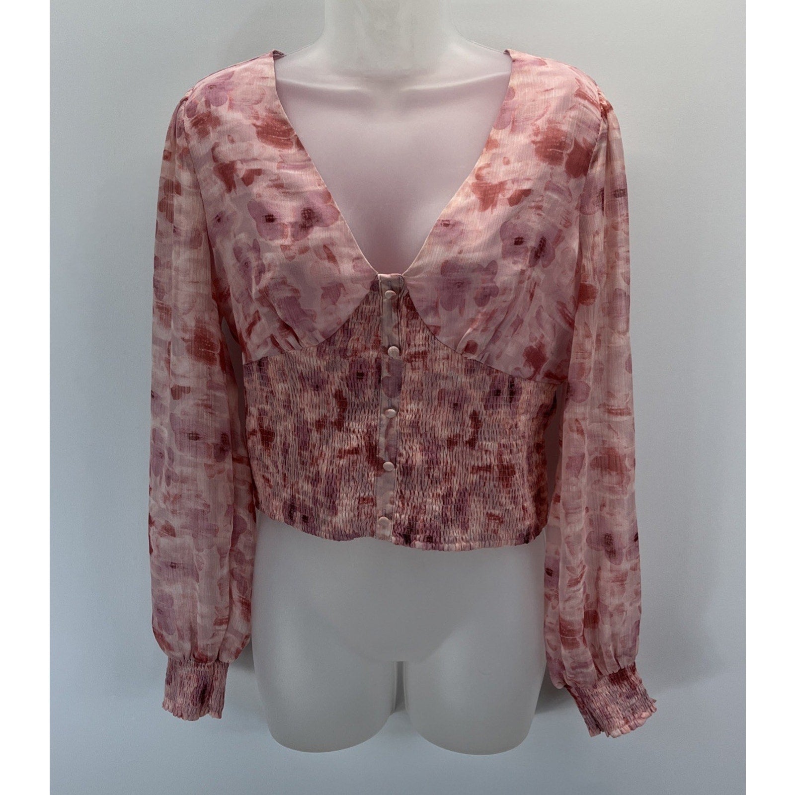 Bar III Top PInk Floral-Print Smocked-Waist Women Sz M NWT