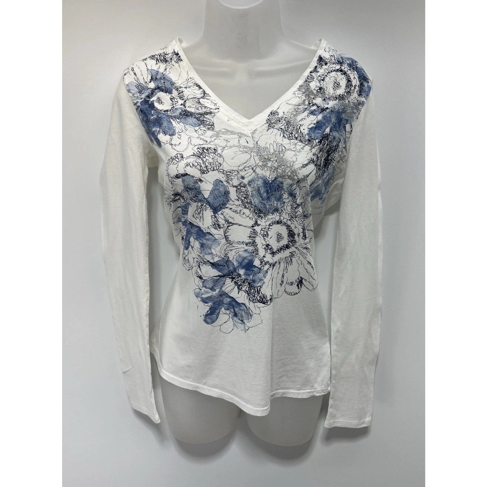 Calvin Klein Women’s White Blue Floral Long Sleeve Pullover Shirt Top V Neck S