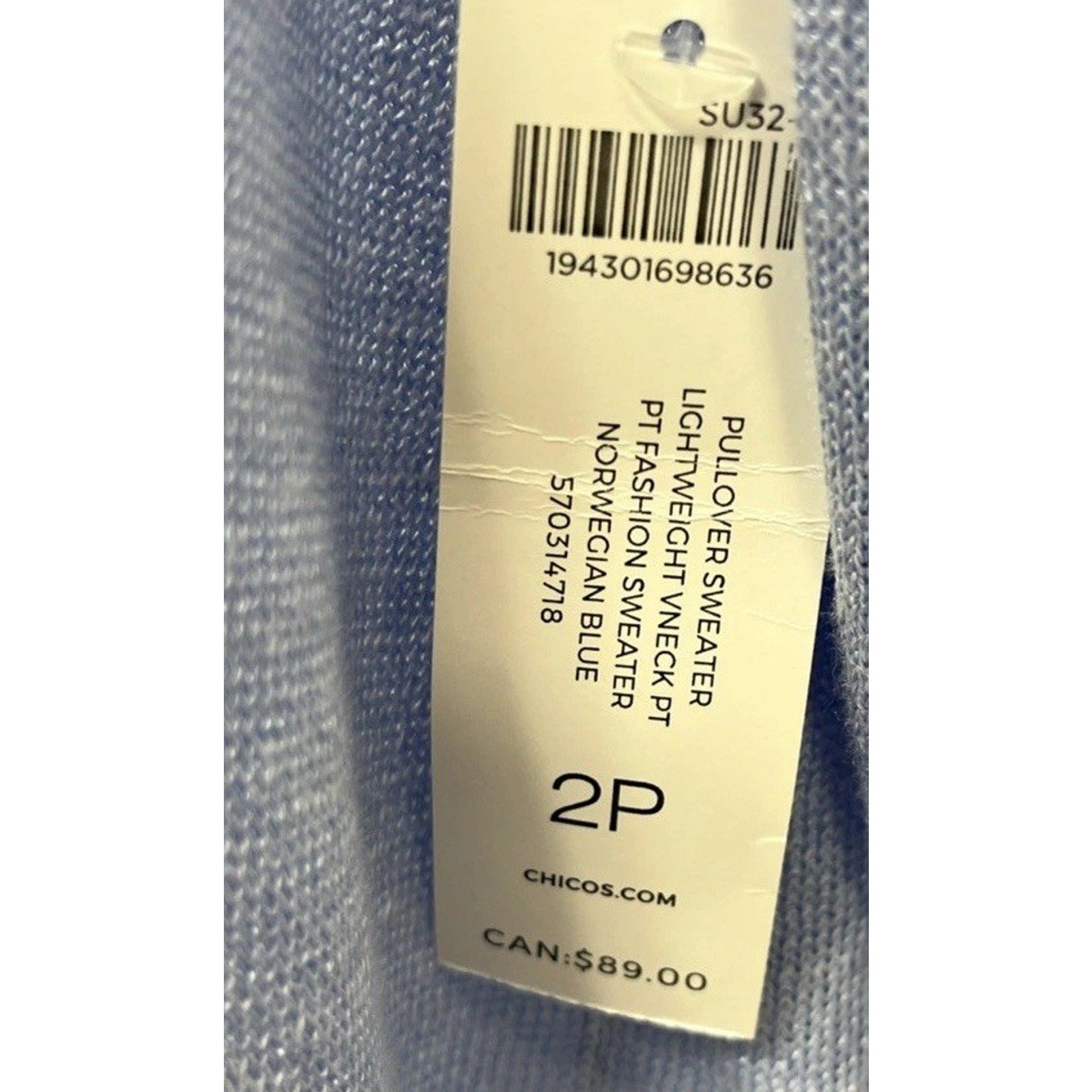 NWT Chicos Pullover Lightweight V Neck Linen Sweater Norwegian Blue Size 2P LP