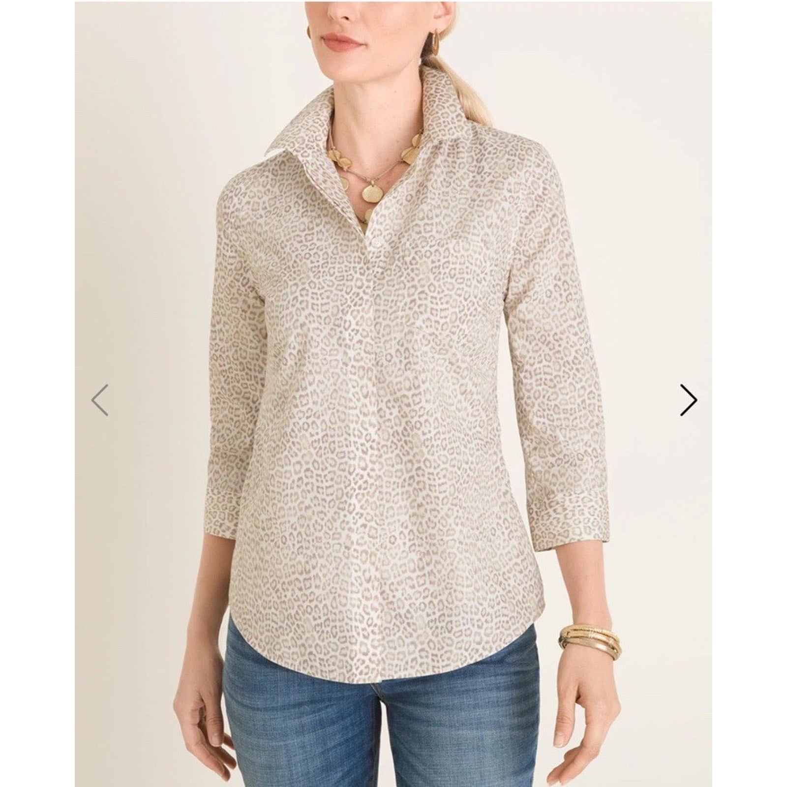 CHICOS Shirt Women's Size 3P Button Up Blouse Top Cheetah Print No Iron