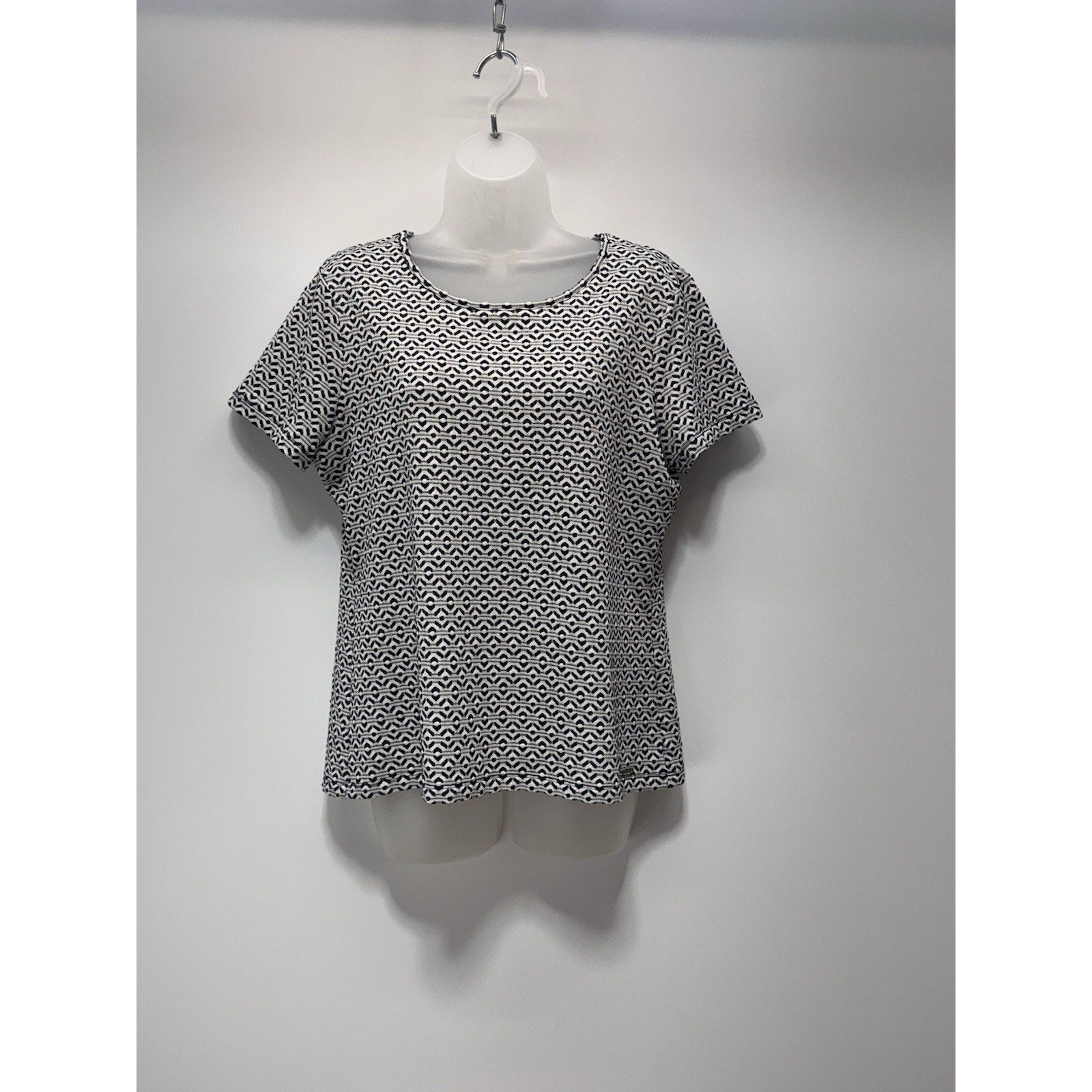 Calvin Klein Black White Zig Zap Logo Top Blouse Short Sleeve Women’s Large