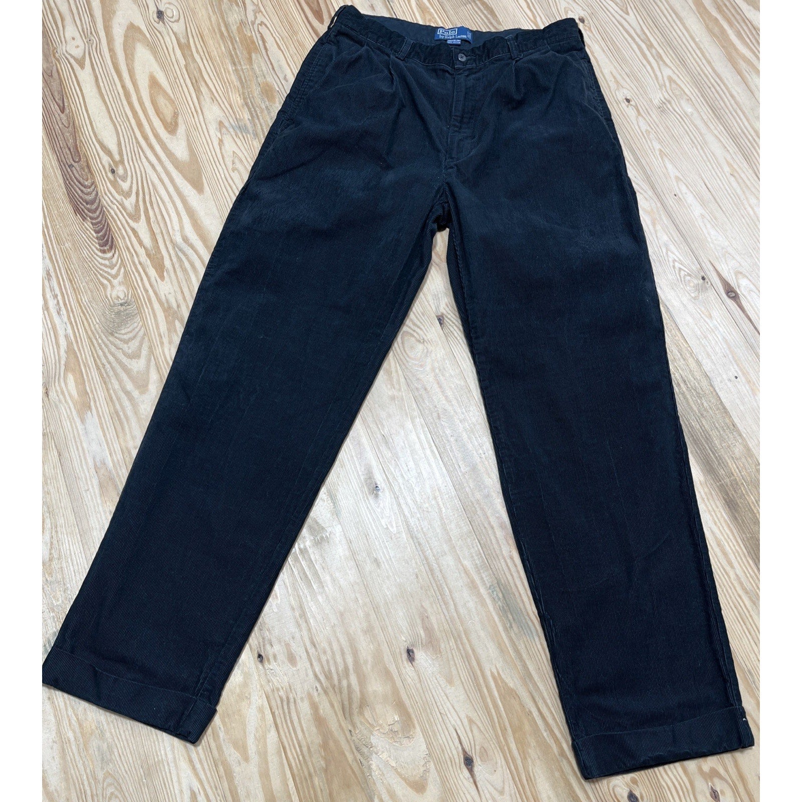 Vintage Polo Ralph Lauren Hammond Pant Mens 34x32 Black Corduroy Cuffed