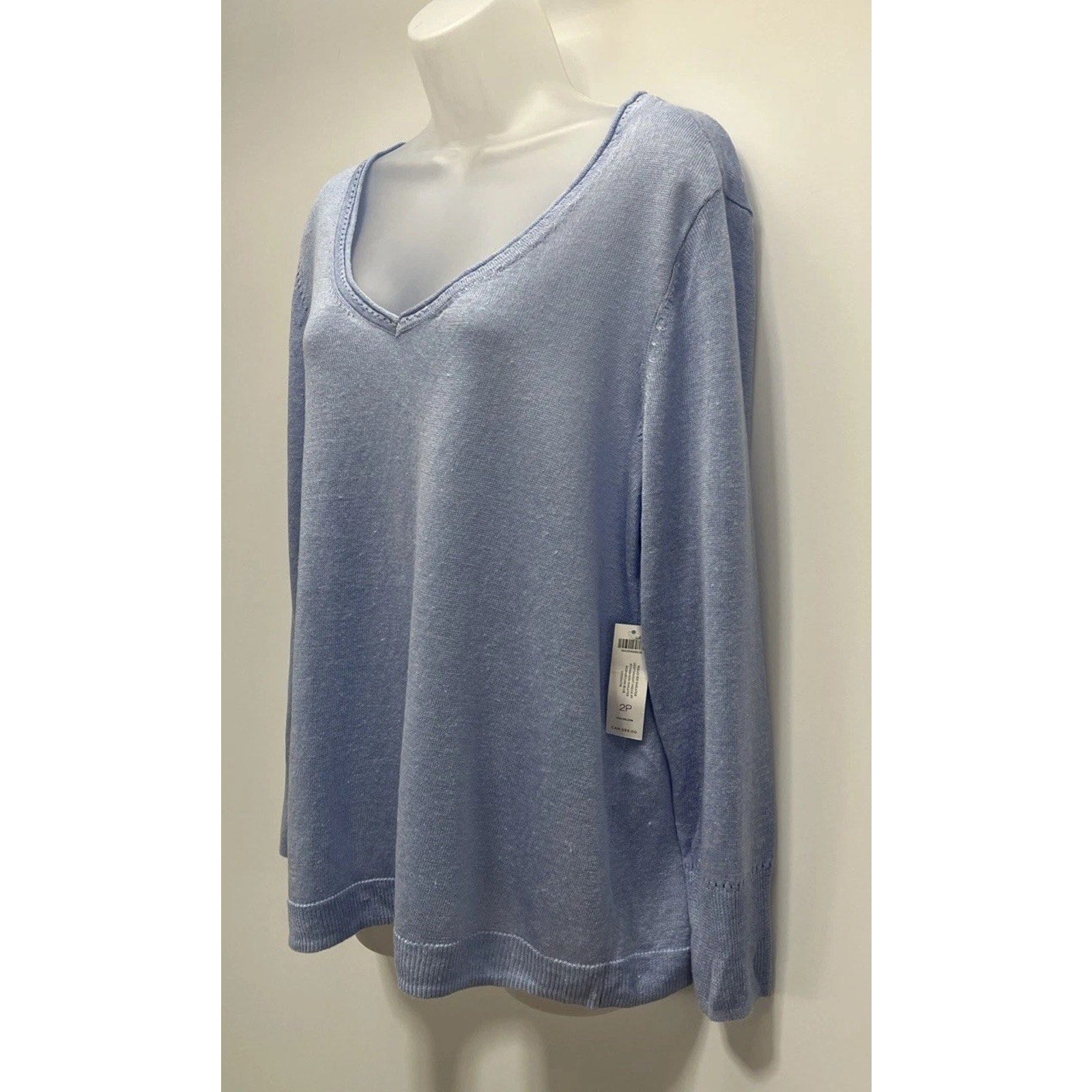 NWT Chicos Pullover Lightweight V Neck Linen Sweater Norwegian Blue Size 2P LP