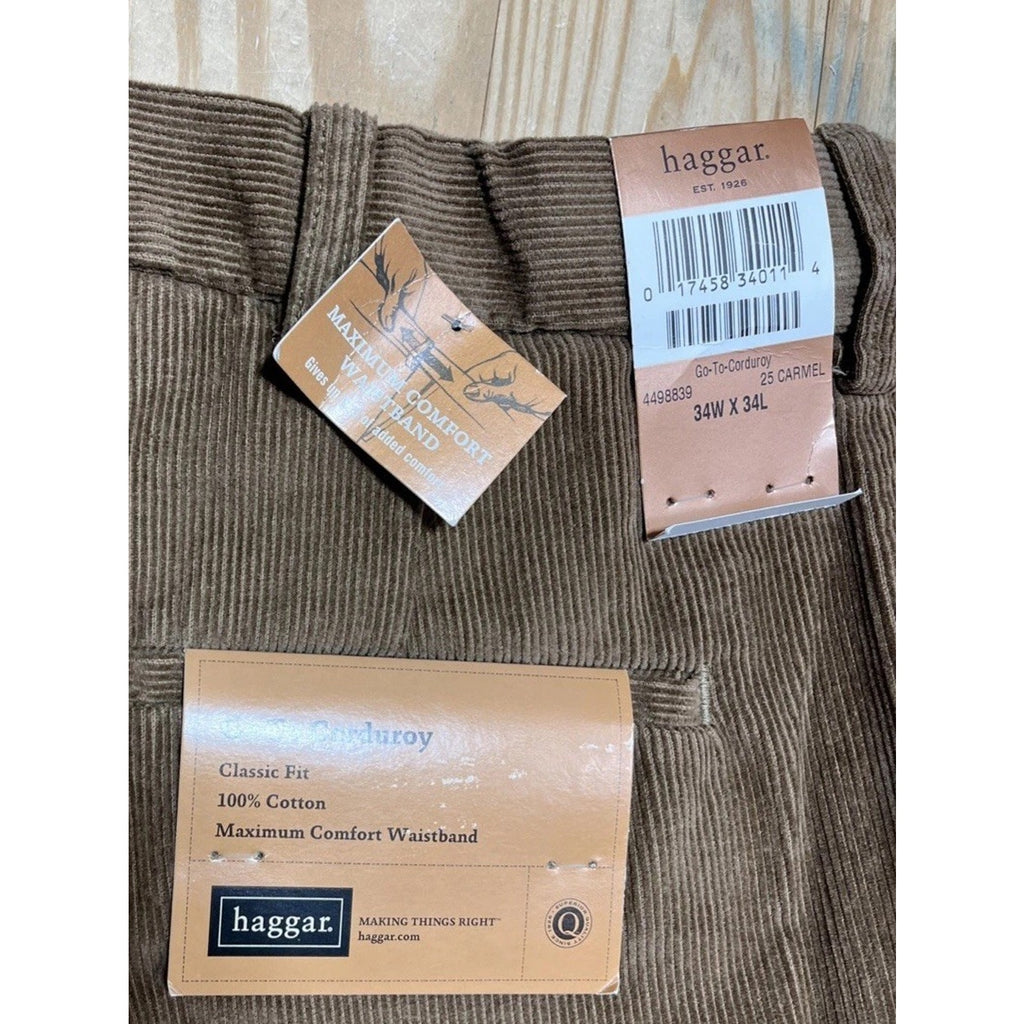 NWT Mens Haggar Khaki Brown Comfort Waist Go-To-Corduroy Pants Size 34x34