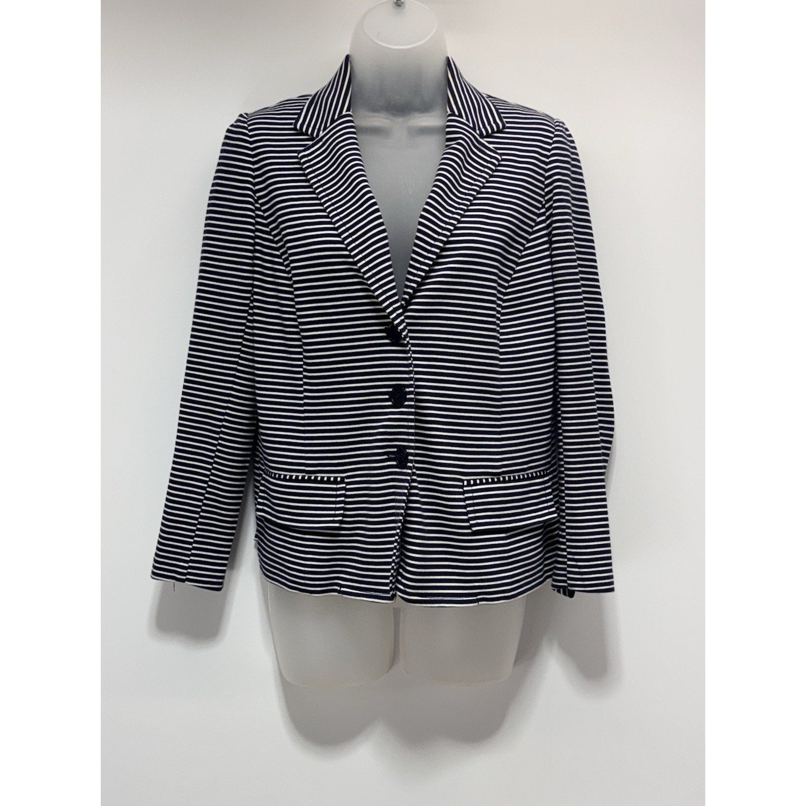 Talbots Blazer Navy Blue White Striped Cotton Blend Nautical Women’s Size XP