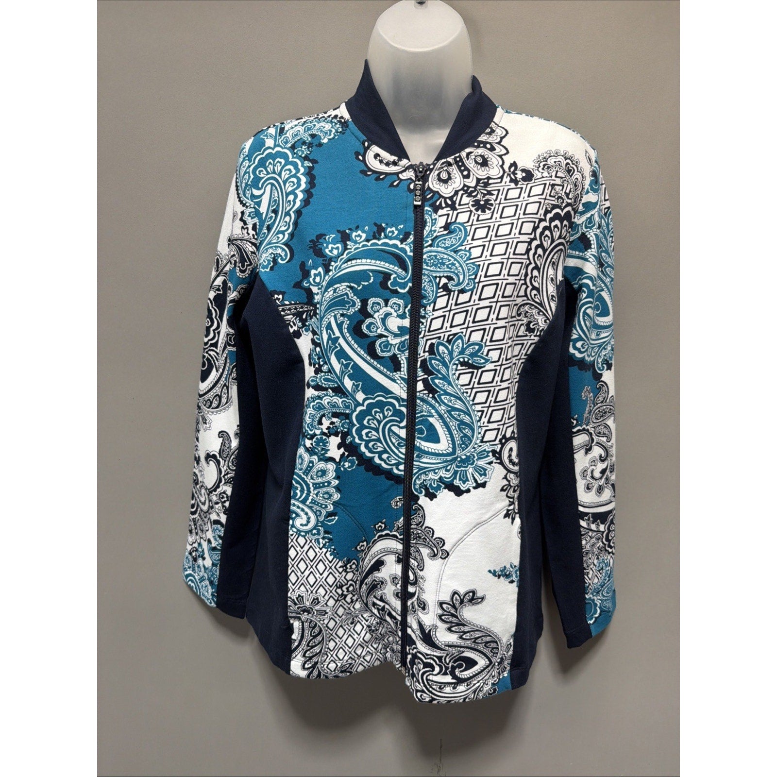 Susan Graver Weekend Jacket Women’s Multicolor Paisley Print Knit Full Zip