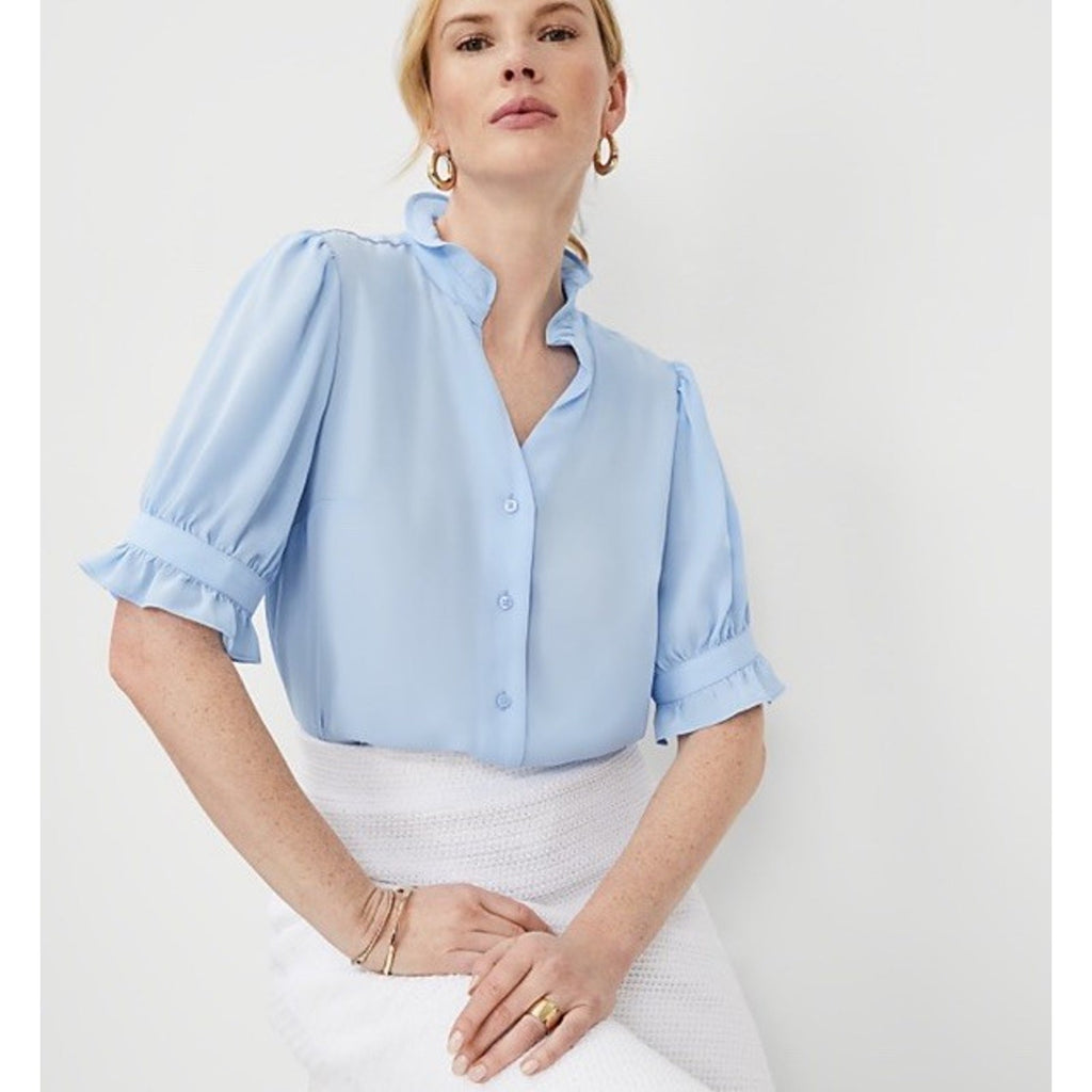 Ann Taylor Blue Satin Ruffle Button Short Sleeve Blouse Size XS