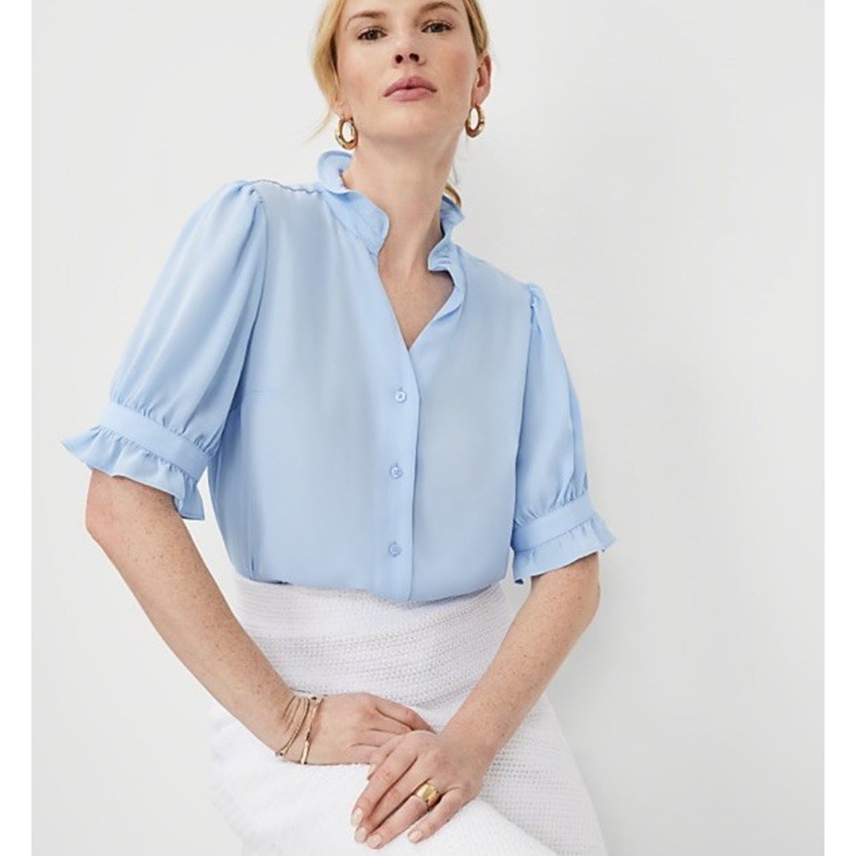 Ann Taylor Blue Satin Ruffle Button Short Sleeve Blouse Size XS