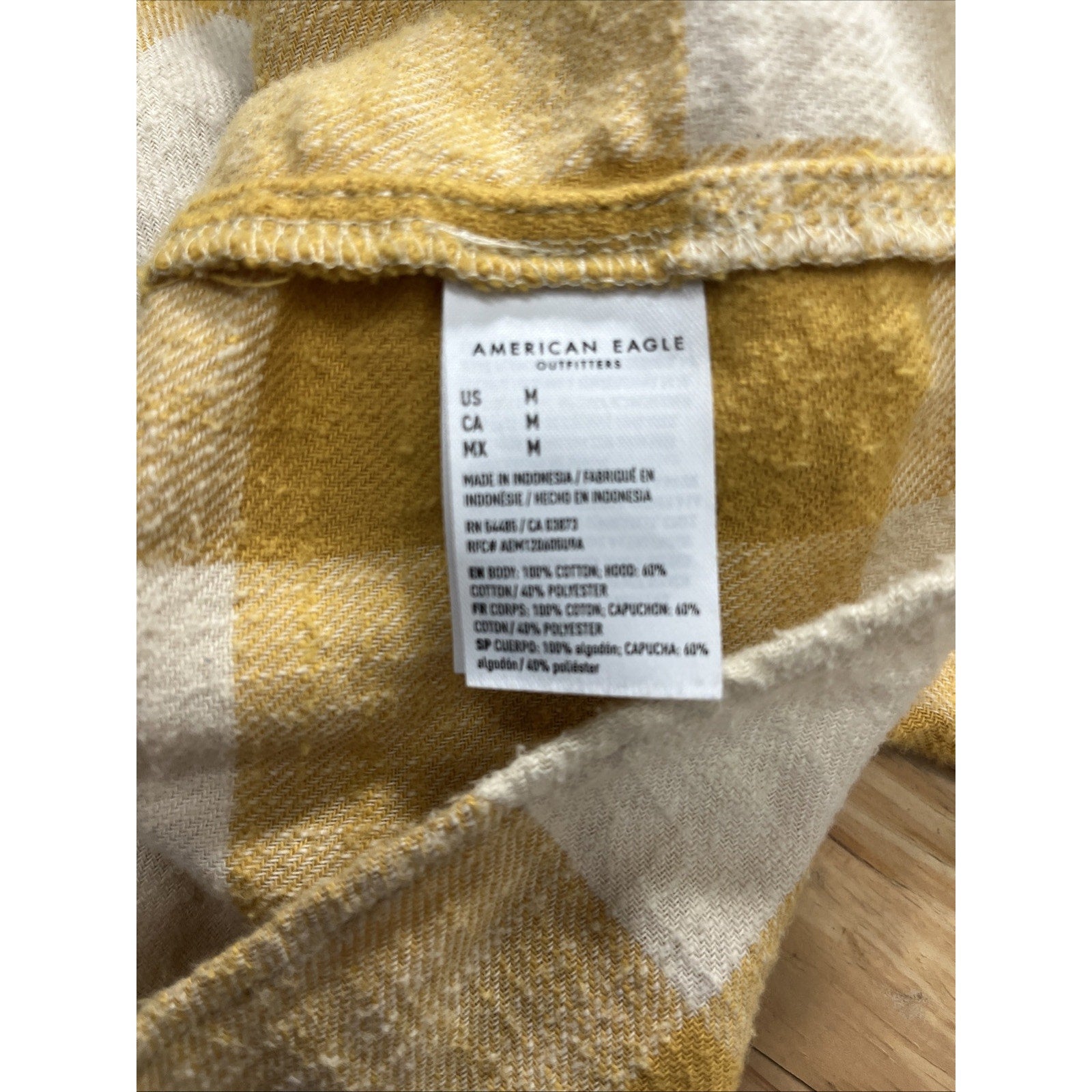 American Eagle Flannel Shirt Yellow Ivory Hooded Button Up Long Sleeve Size M