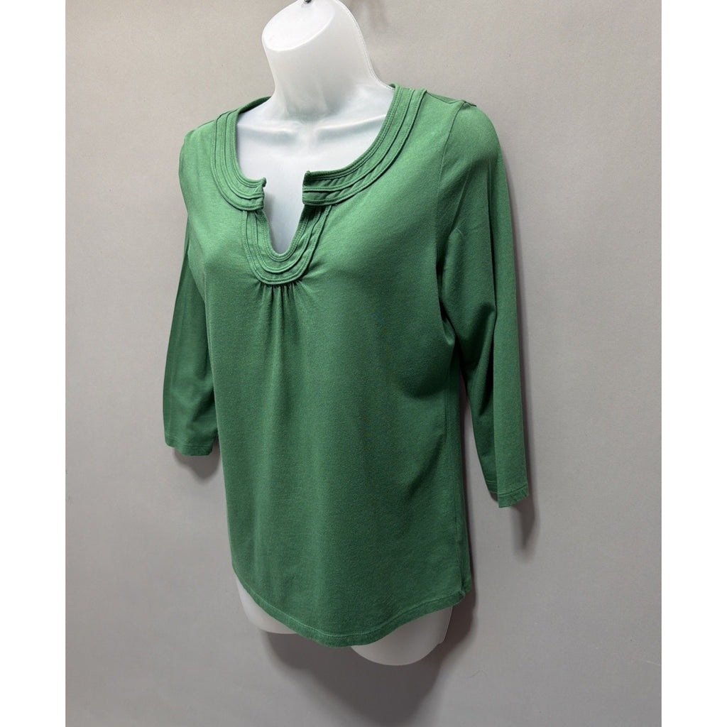 Talbots Sz Petite Medium Green Cotton Modal Shirt Tunic Split Neck Minimalist