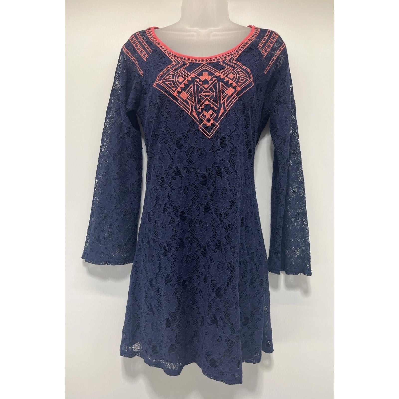 Flying Tomato Anthropologie Women's S Long Sleeve Lace Lined Crochet Short Dress