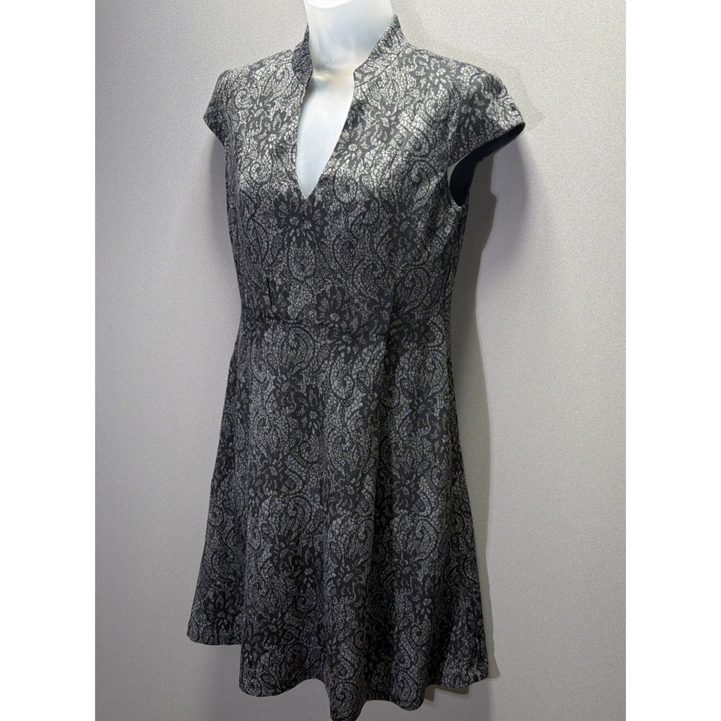 Maggy L Women’s Size 4 Black Gray Lace Print Fit & Flare Dress Cap Sleeve