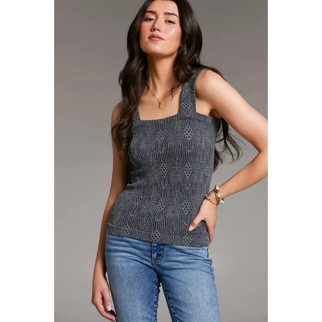 BKE Core Fitted Tank Womens M/L Gray Square Neck Textured Stretch Sleeveless NWT