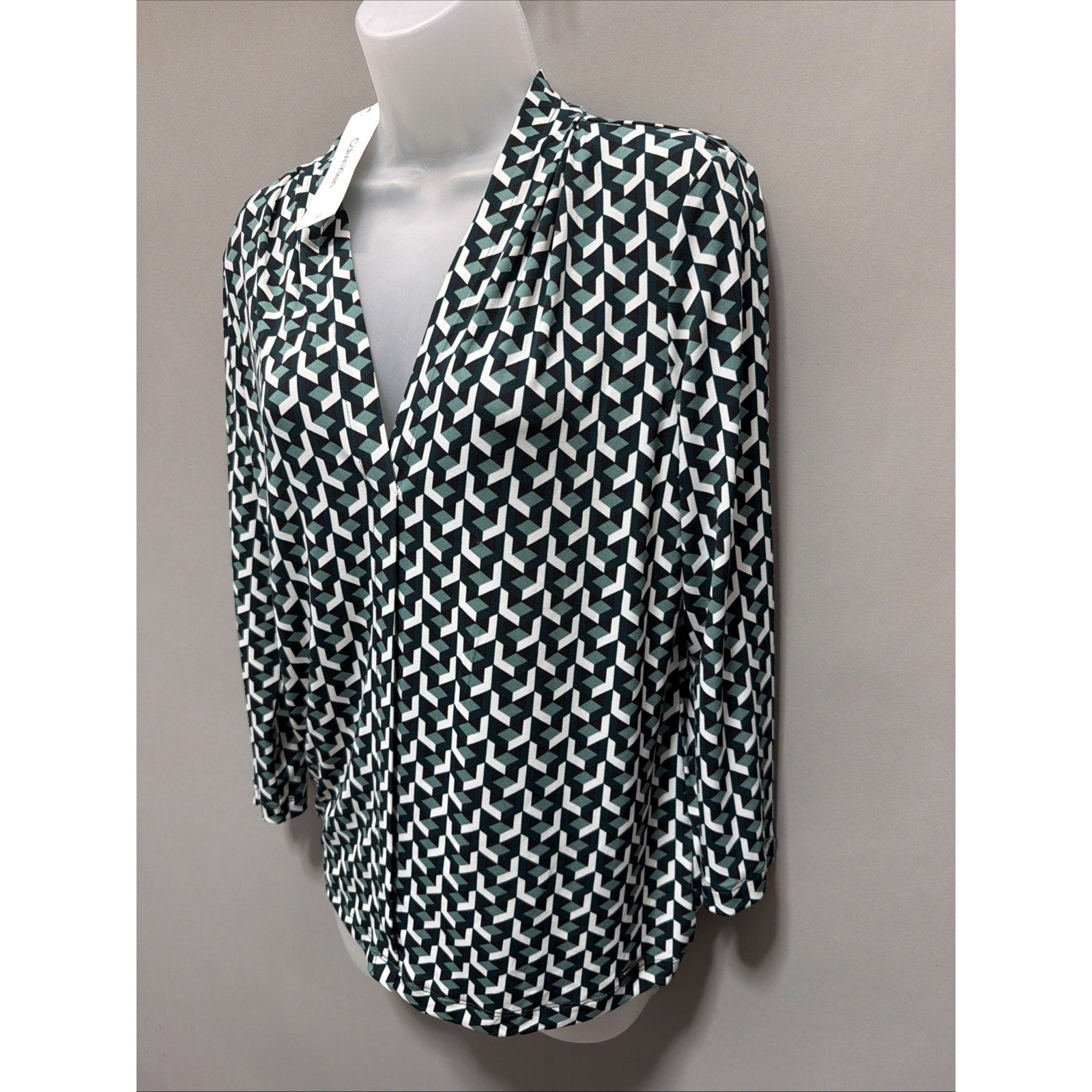 Calvin Klein Womens Size Large Geo Print 3/4 Sleeve Blouse Career Casual New