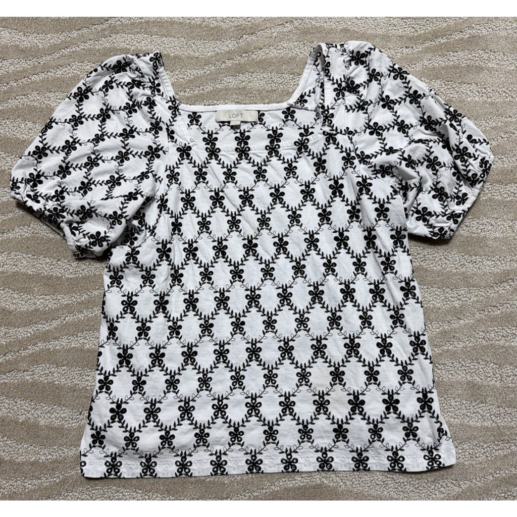 LOFT White/Black Floral Embroidered Square Neck Top Cotton Size Large