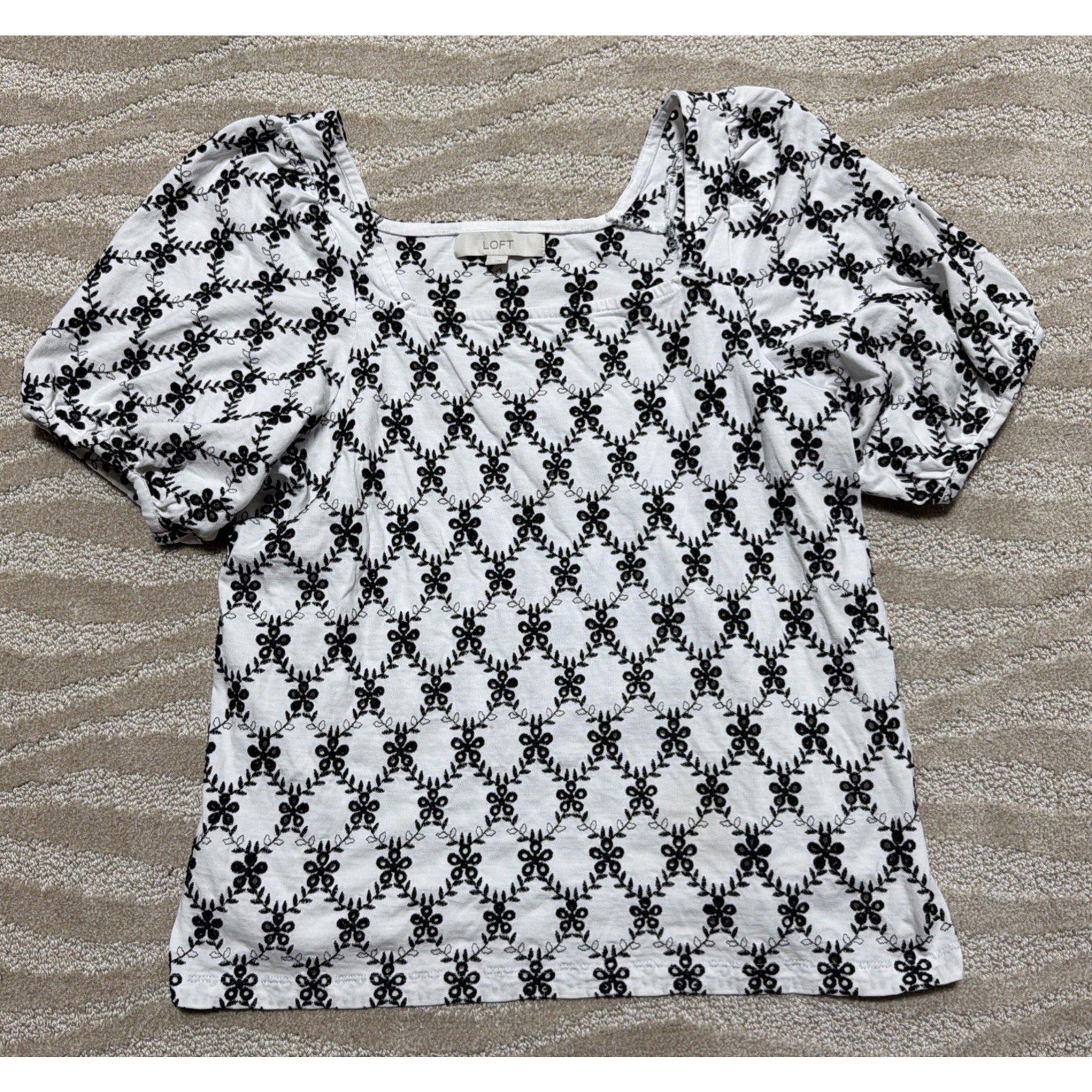 LOFT White/Black Floral Embroidered Square Neck Top Cotton Size Large
