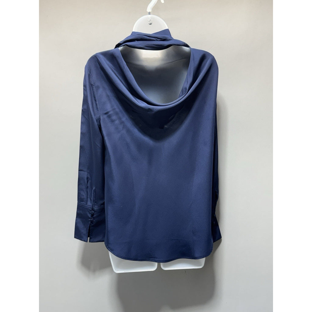 NWT J.Crew 100% Silk Draped Tie Neck Blouse Blue Long Sleeve Petite 8P Career