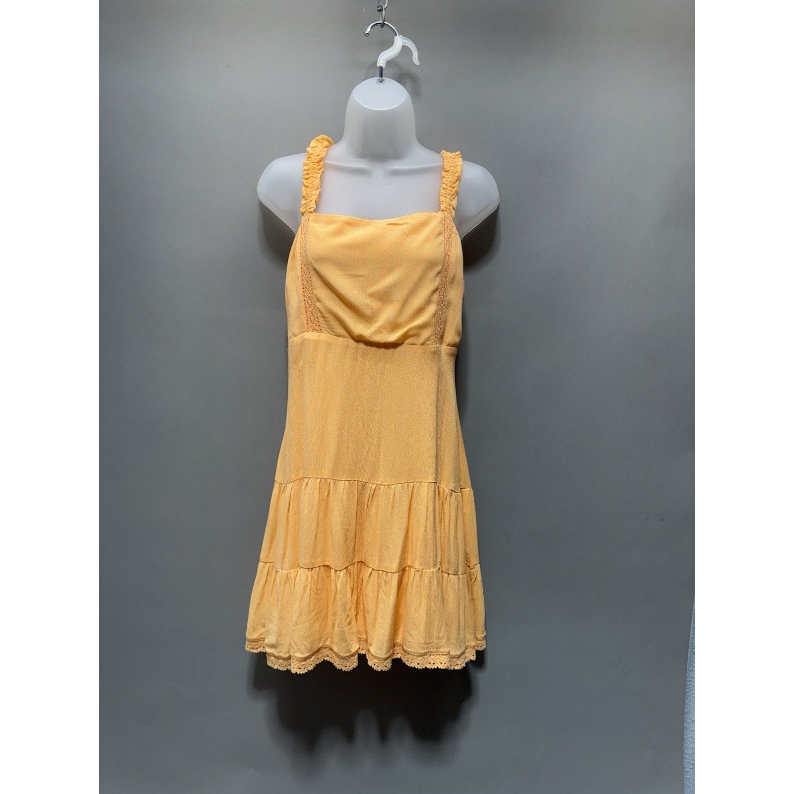NEW Love, Fire Boho Yellow Chiffon Mini Dress Women L Tiered Ruffle Strappy