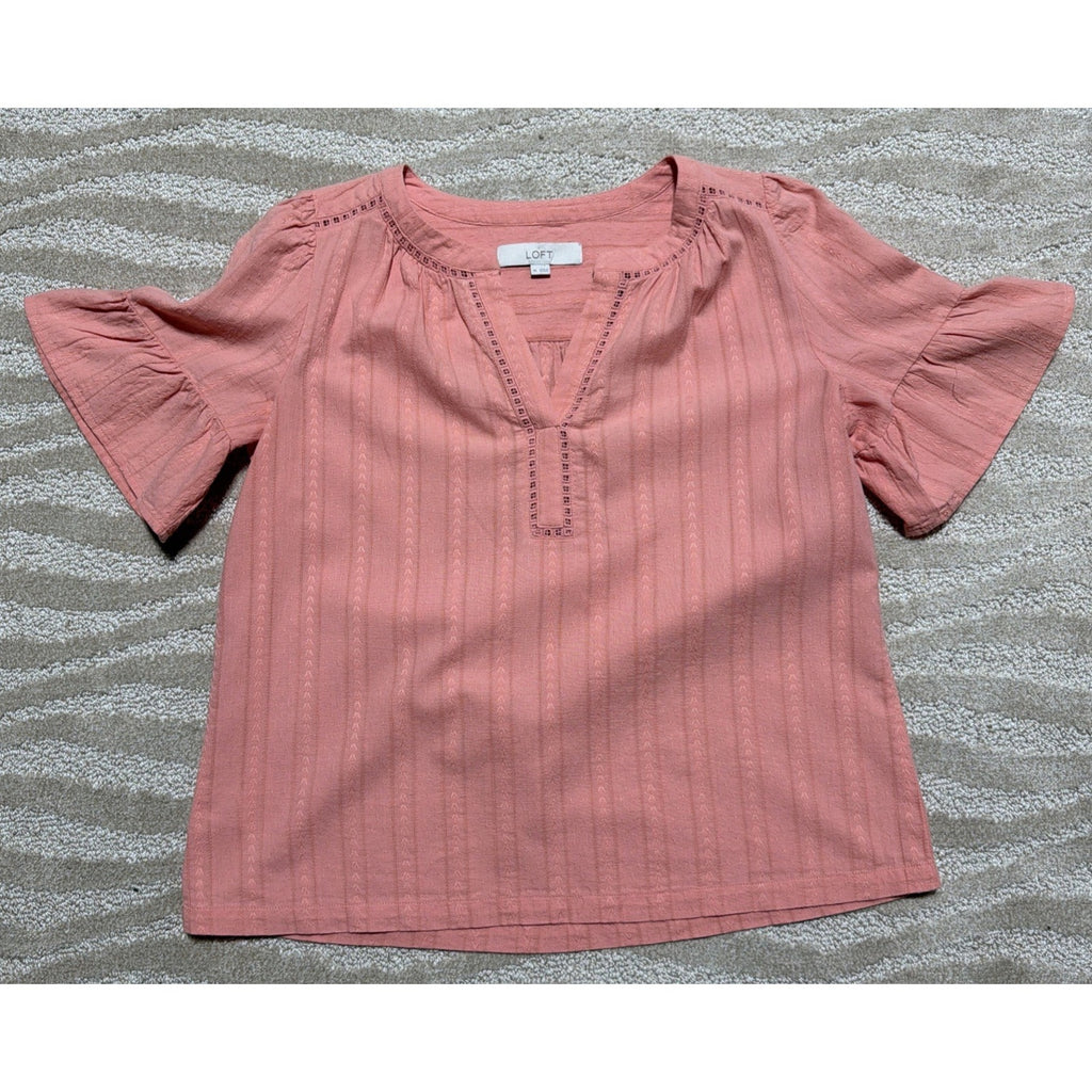 Loft Pink Ruffle Blouse Bell Sleeve V Neck Embroidered Size XS