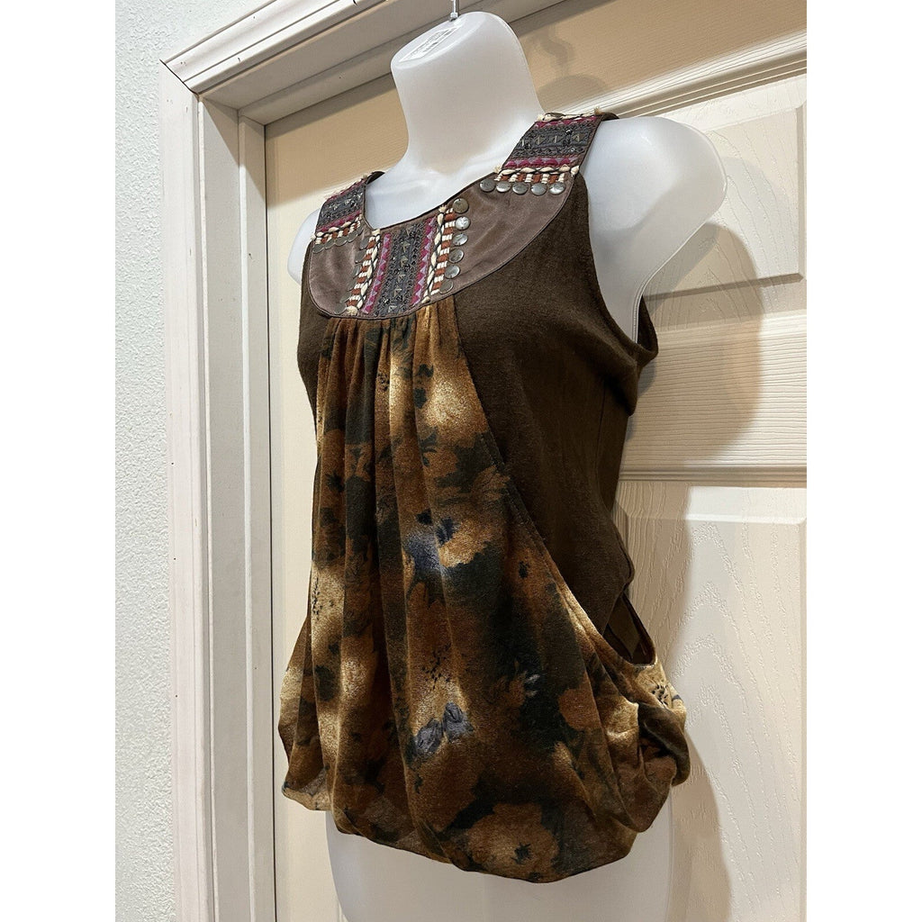 Lulumari Tank Top Womens Small Brown Sequins Front Smocking Waist Satin Blouse