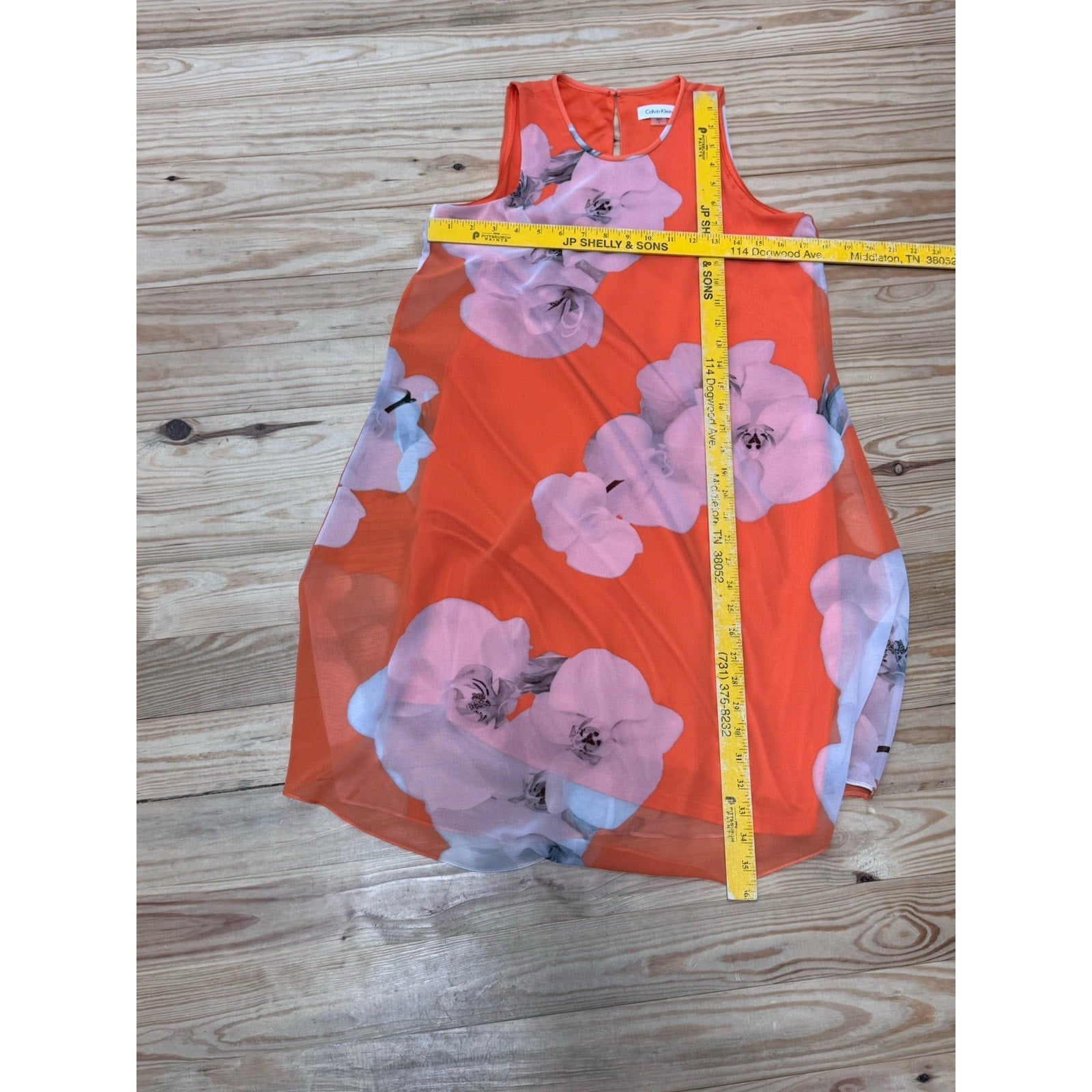 Calvin Klein Orange Coral White & Black Floral Dress Lined Flowy Women’s Size 2