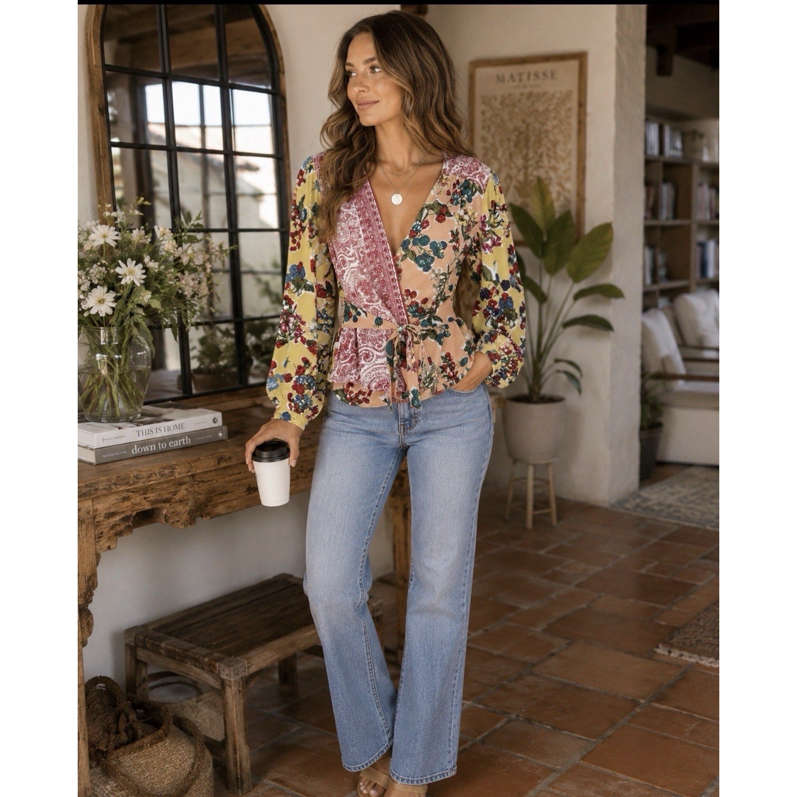 Anthropologie Meadow Rue Floral Patchwork Wrap Top Blouse Long Sleeve Tie Size 2