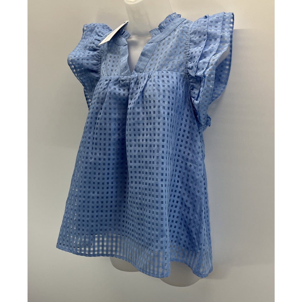 NWT Annie Wear Womens Blue Lined Short Sleeve Blouse Ruffle Sleeve Small