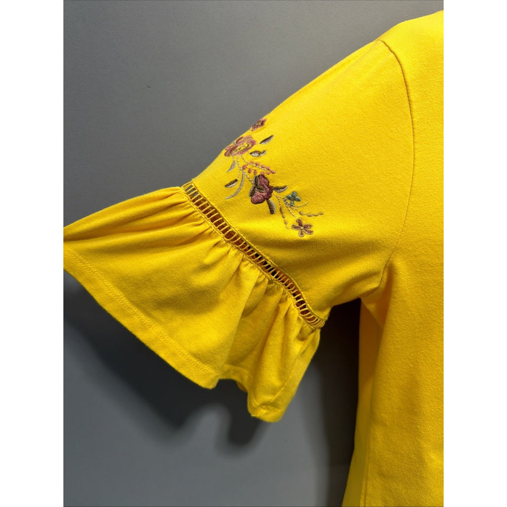Women's Yellow Floral Liv Los Angeles Blouse Top Embroidered Bell Sleeve Size M