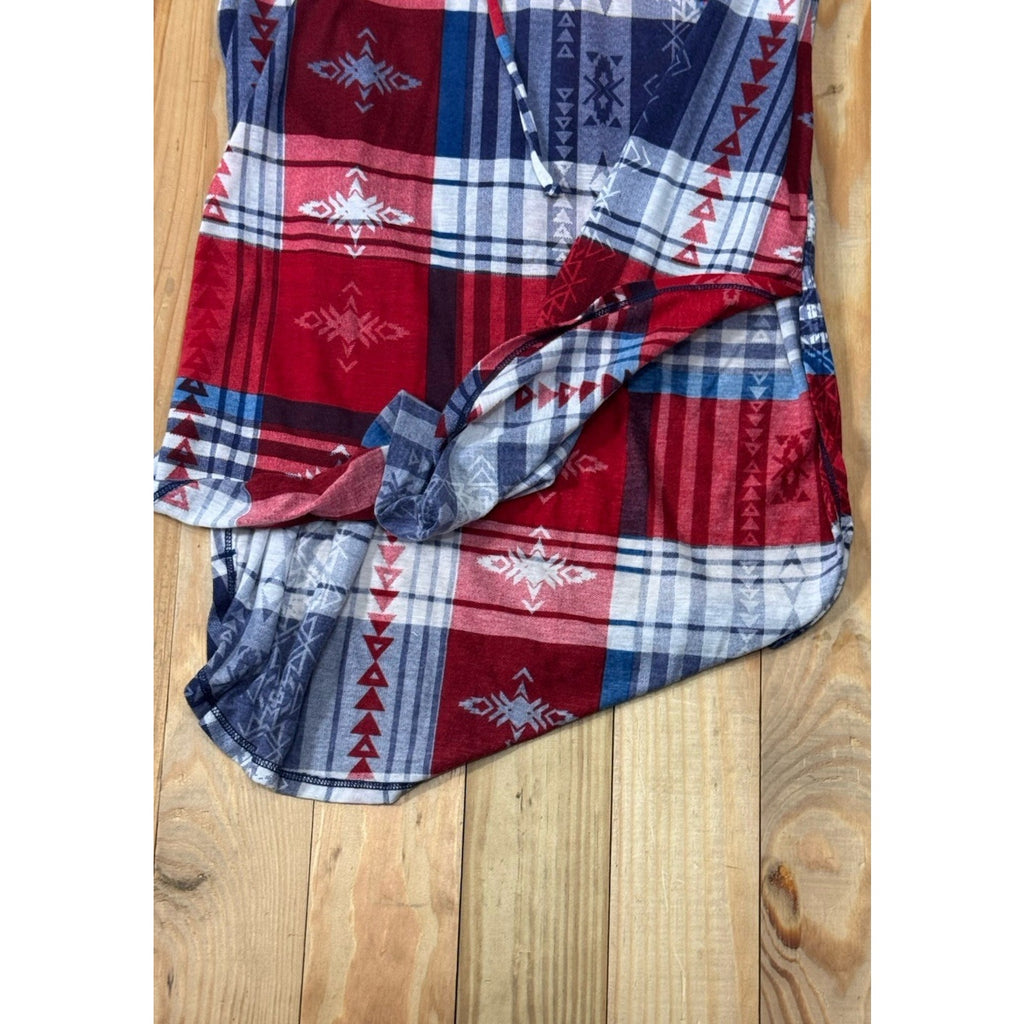Almost Famous Blouse Women's Medium Plaid Sleeveless Lace Up Red & Blue Button