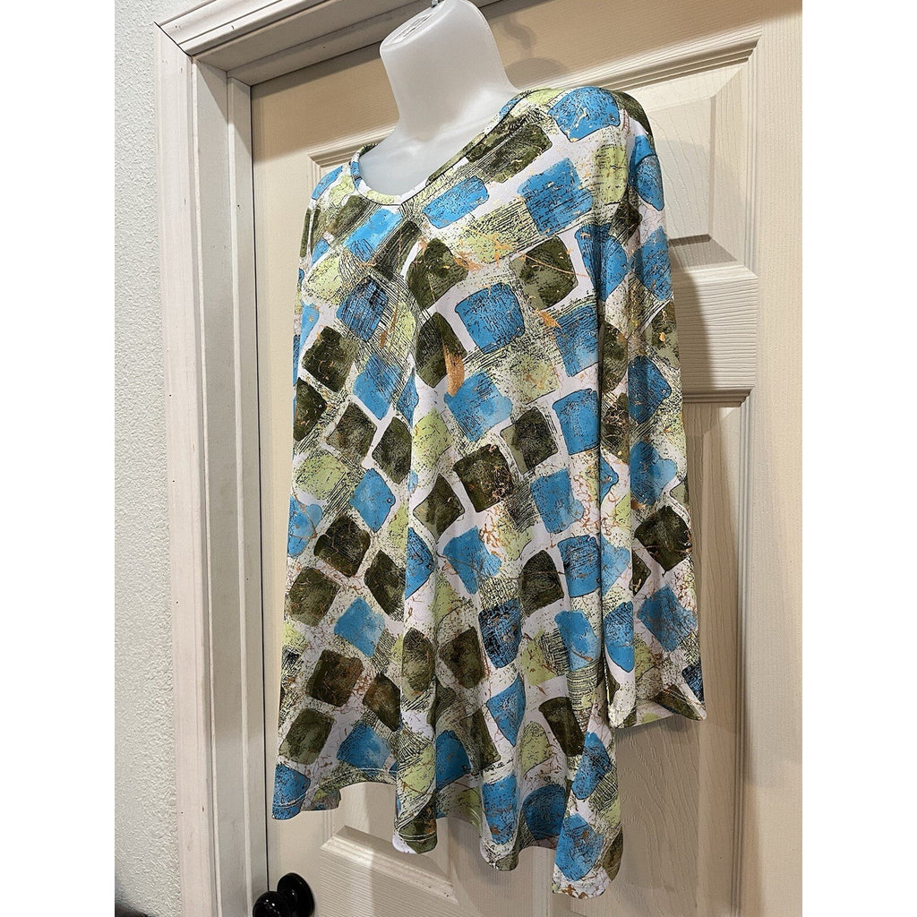 Alia Geometric Print Blue Brown 3/4 Sleeve Women's Plus Size 2X Ladies Top