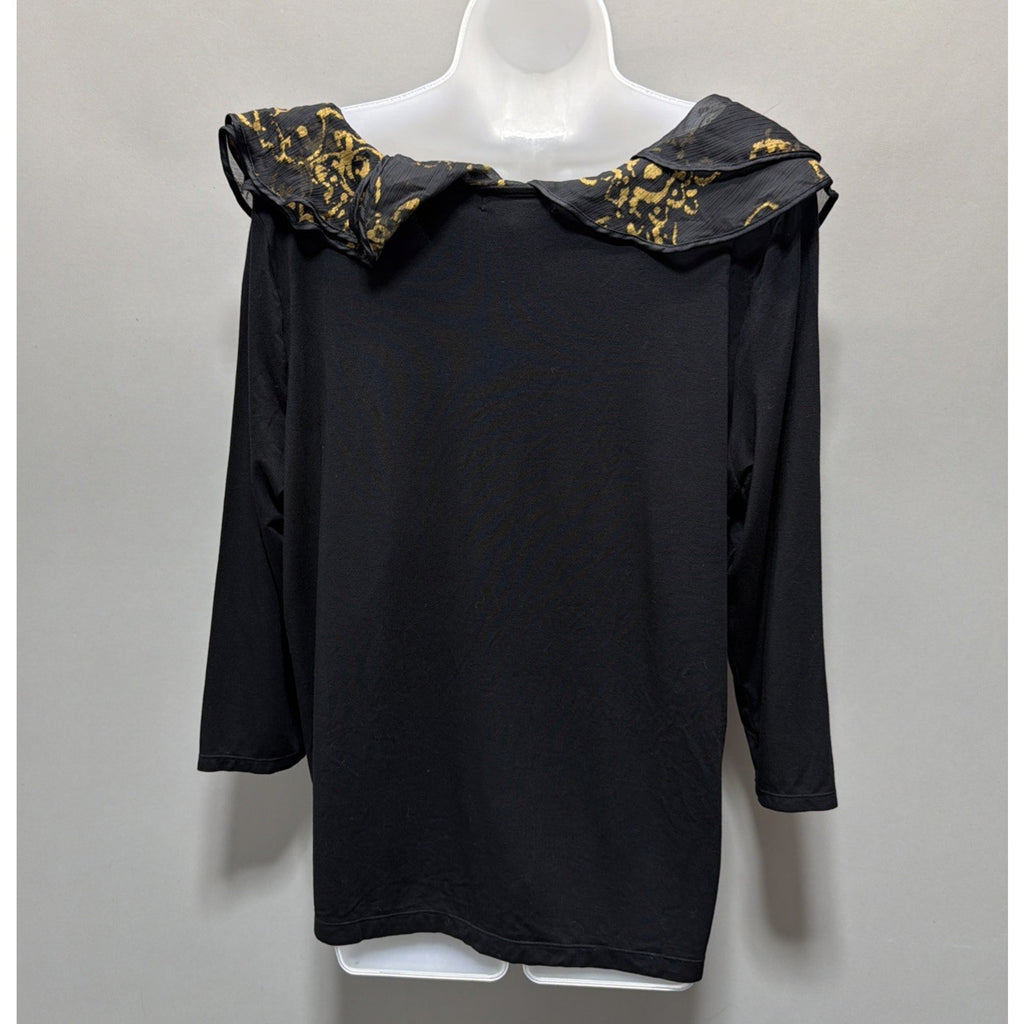Lauren Ralph Lauren Women’s 1X Black Gold Ruffle Neck Top 3/4 Sleeve Stretch