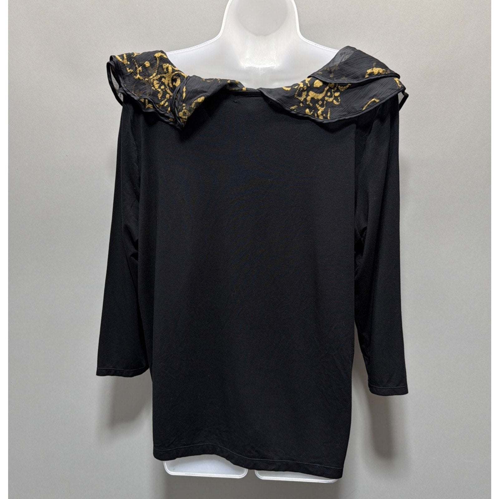 Lauren Ralph Lauren Women’s 1X Black Gold Ruffle Neck Top 3/4 Sleeve Stretch