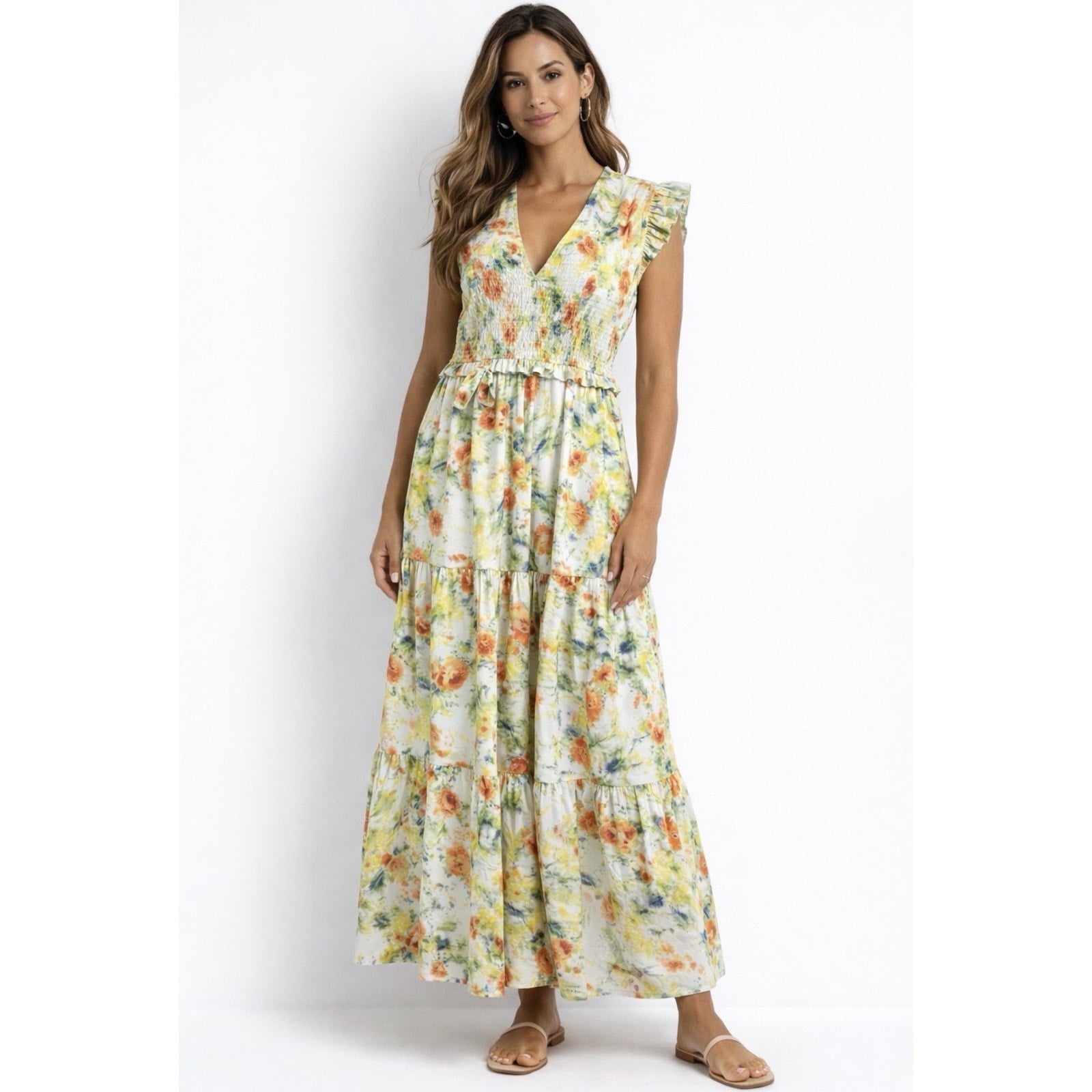 Evereve O.P.T Floral Smocked Orange Yellow Tiered Maxi Dress Womens L NWT $179