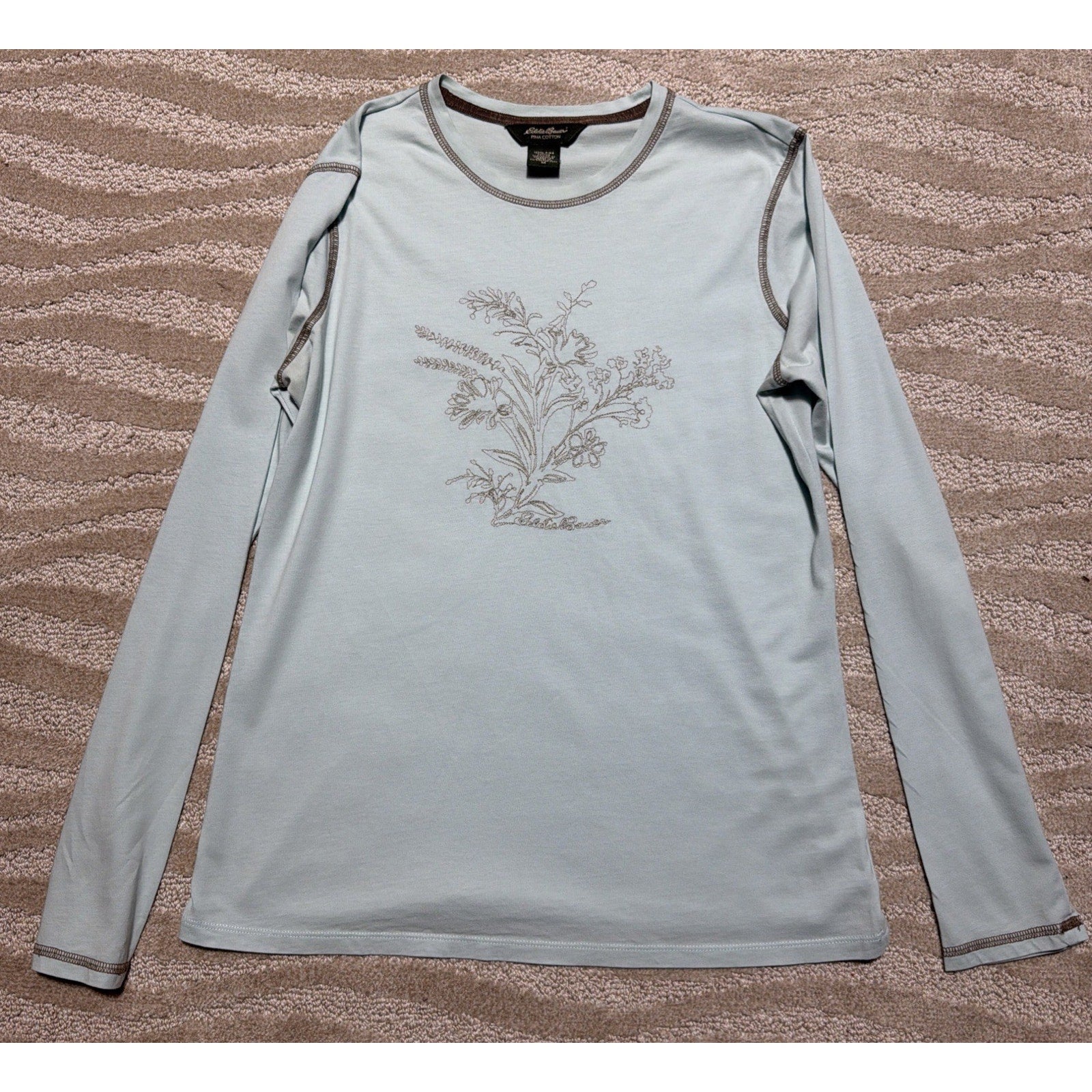 Vtg Eddie Bauer Pima Cotton Women’s Long Sleeve Shirt Blue Green Embroidered