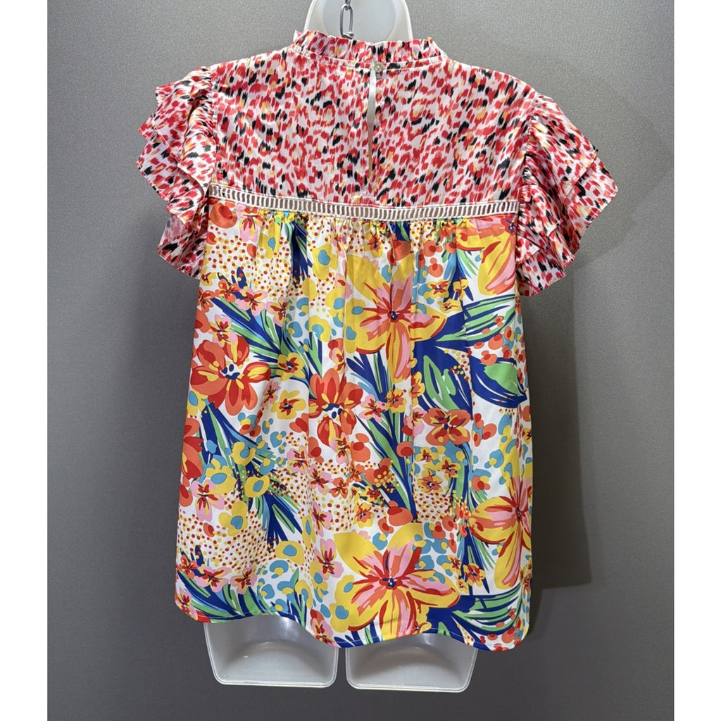 JodiFL Floral Crotchet Ruffle Sleeve Blouse Top Sz Small