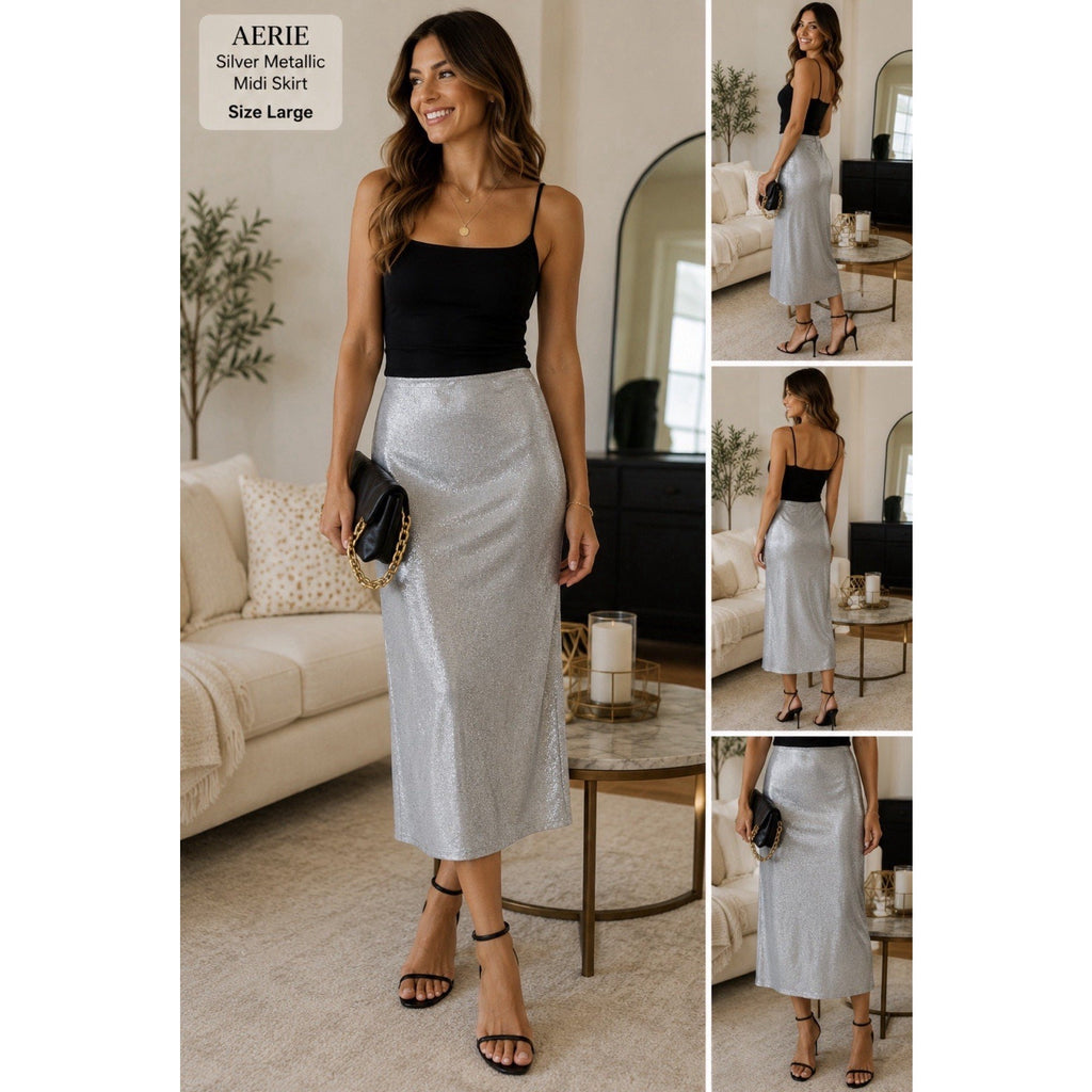 NWT Aerie Womens L Shimmer Maxi Skirt Silver Glitter Ribbon Detail Stretch New