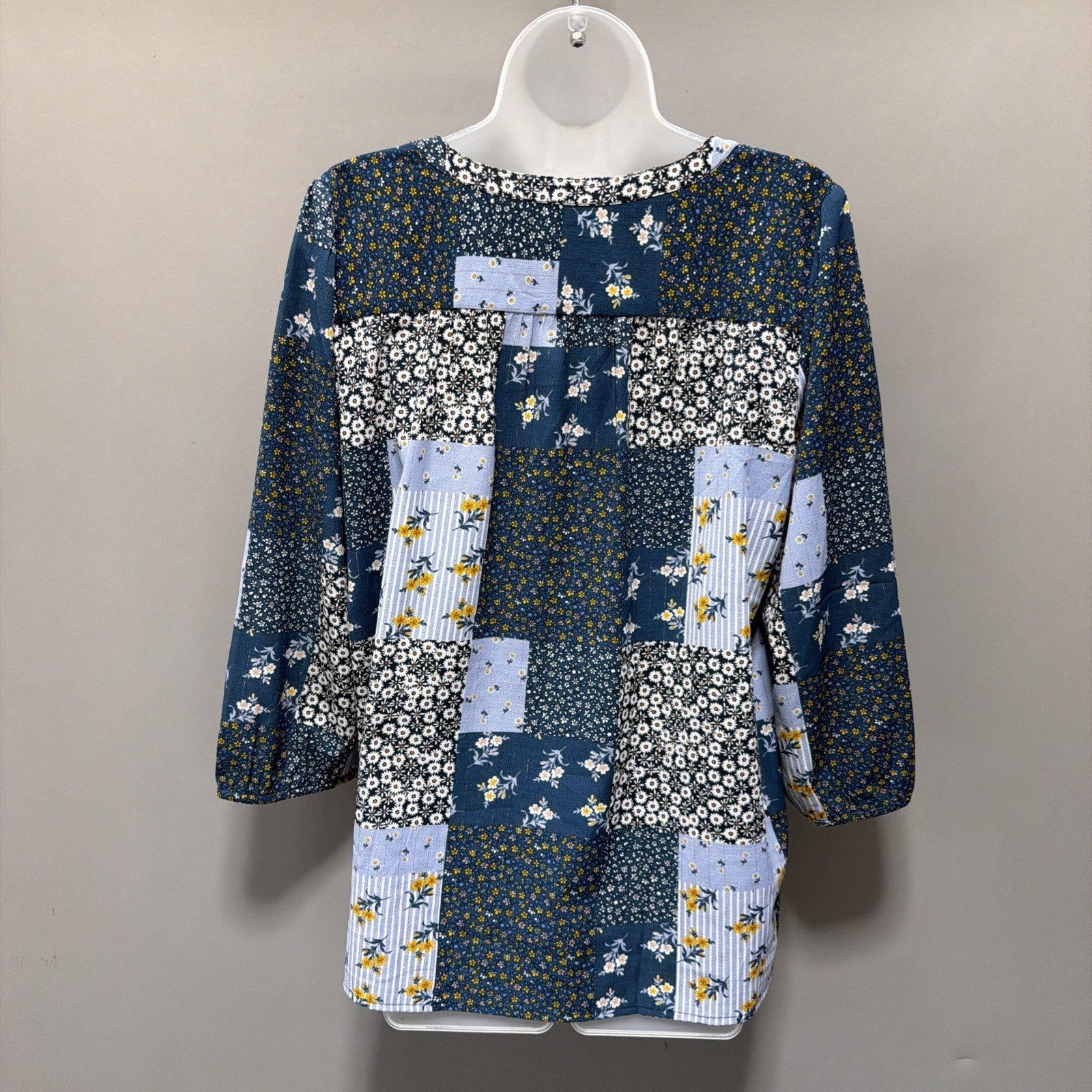 ANN TAYLOR LOFT Blouse M Blue Sheer Patchwork Boho Ditzy Fairy Floral Top