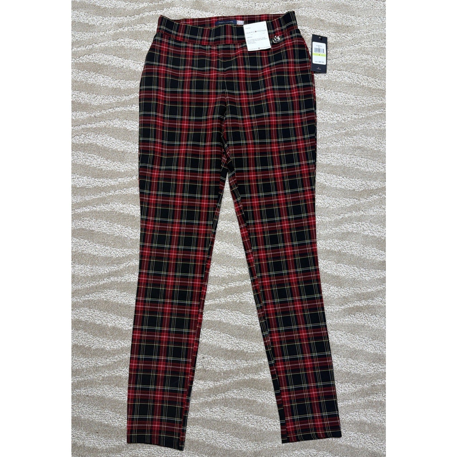 Tommy Hilfiger Plaid Pants Women 4 Red Black White Tartan Skinny Leggings NWT