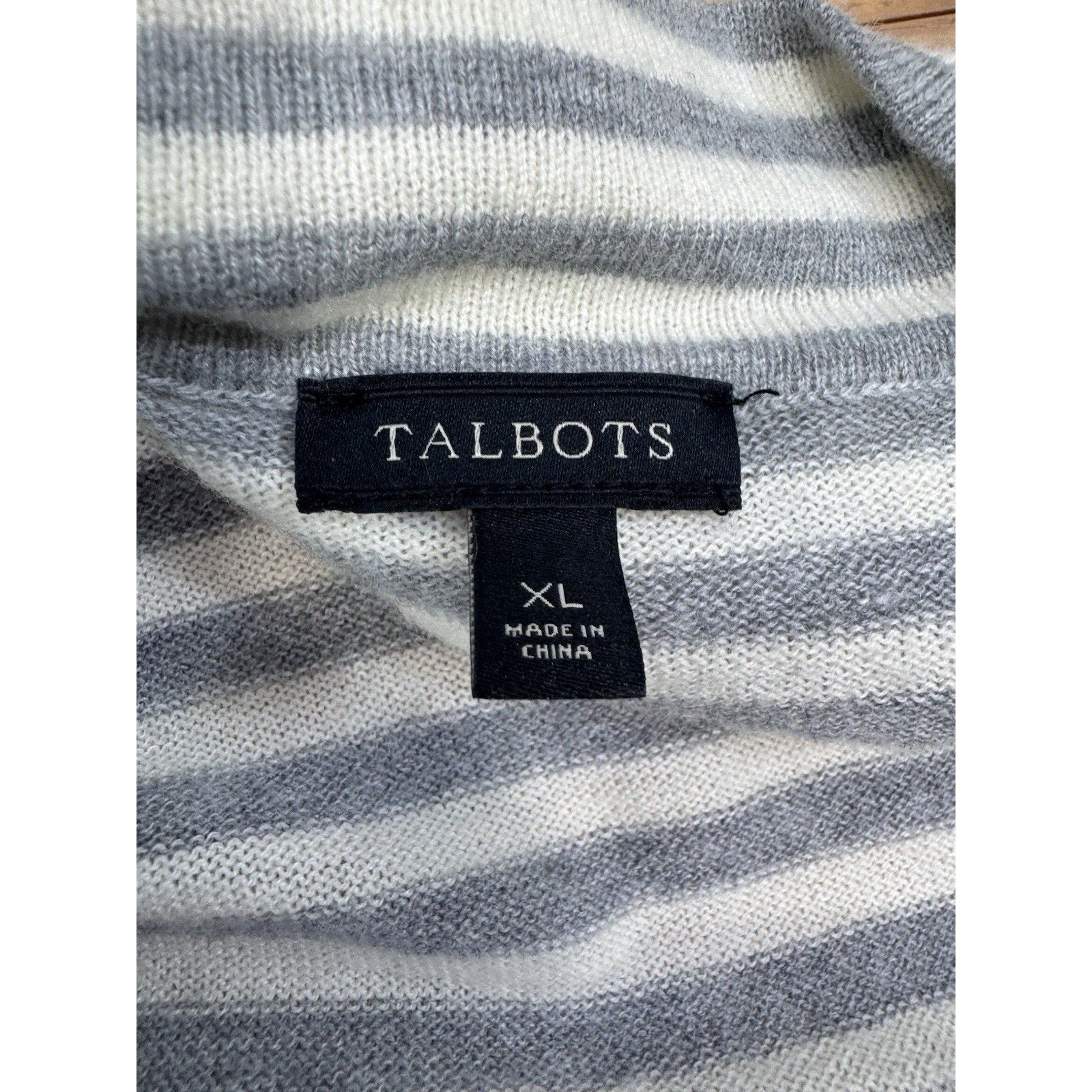 Talbots Open Front Cardigan Lambs Wool Blend Thin Knit White Gray Striped XL