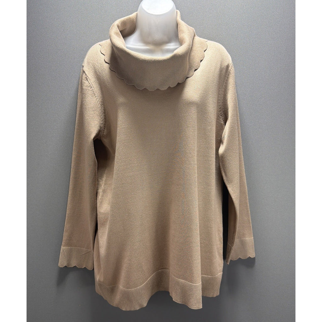 Cable & Gauge Women's XL Tan Scalloped Cowl Neck Pullover Sweater NWT