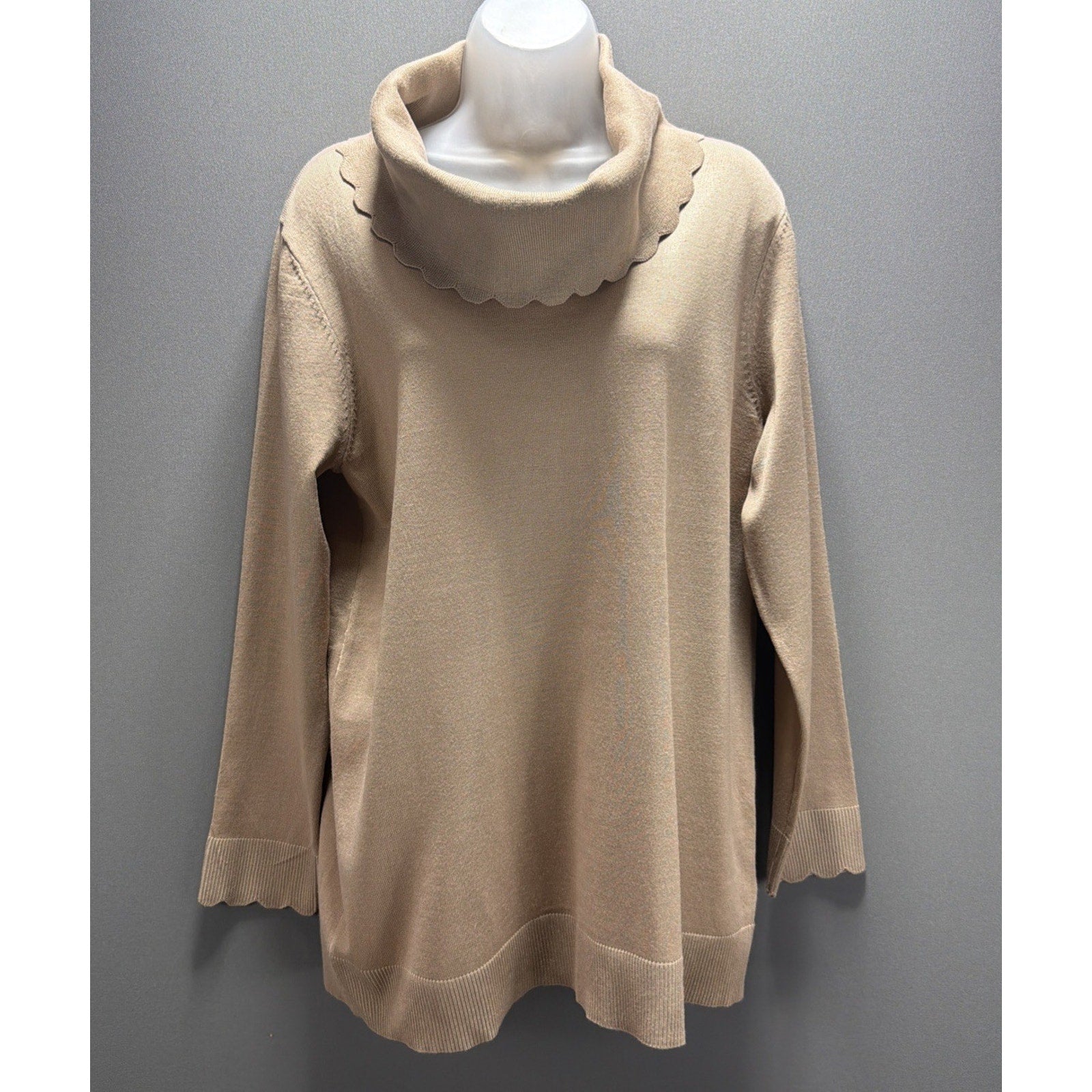 Cable & Gauge Women's XL Tan Scalloped Cowl Neck Pullover Sweater NWT