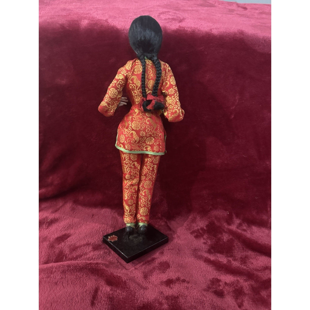 Vintage Taiwan Chinese Doll 14” Red Gold Brocade Folk Art Costume Stand