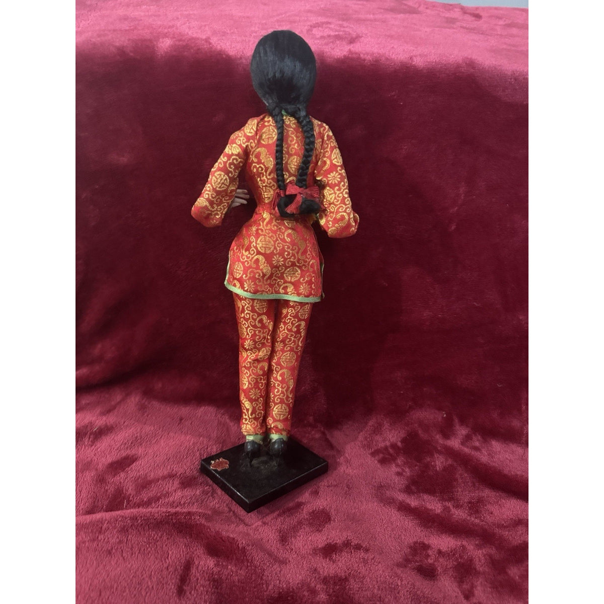 Vintage Taiwan Chinese Doll 14” Red Gold Brocade Folk Art Costume Stand