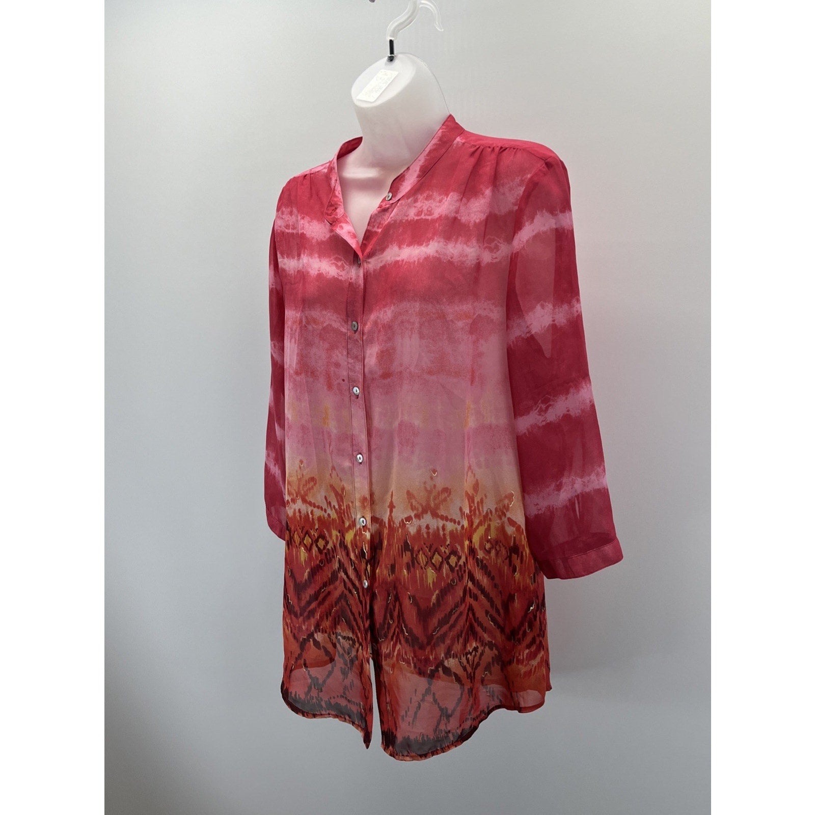 Chico's Top 2 Women's Small Pink Orange Red Sheer 3/4 Sleeve Blouse Button-Up