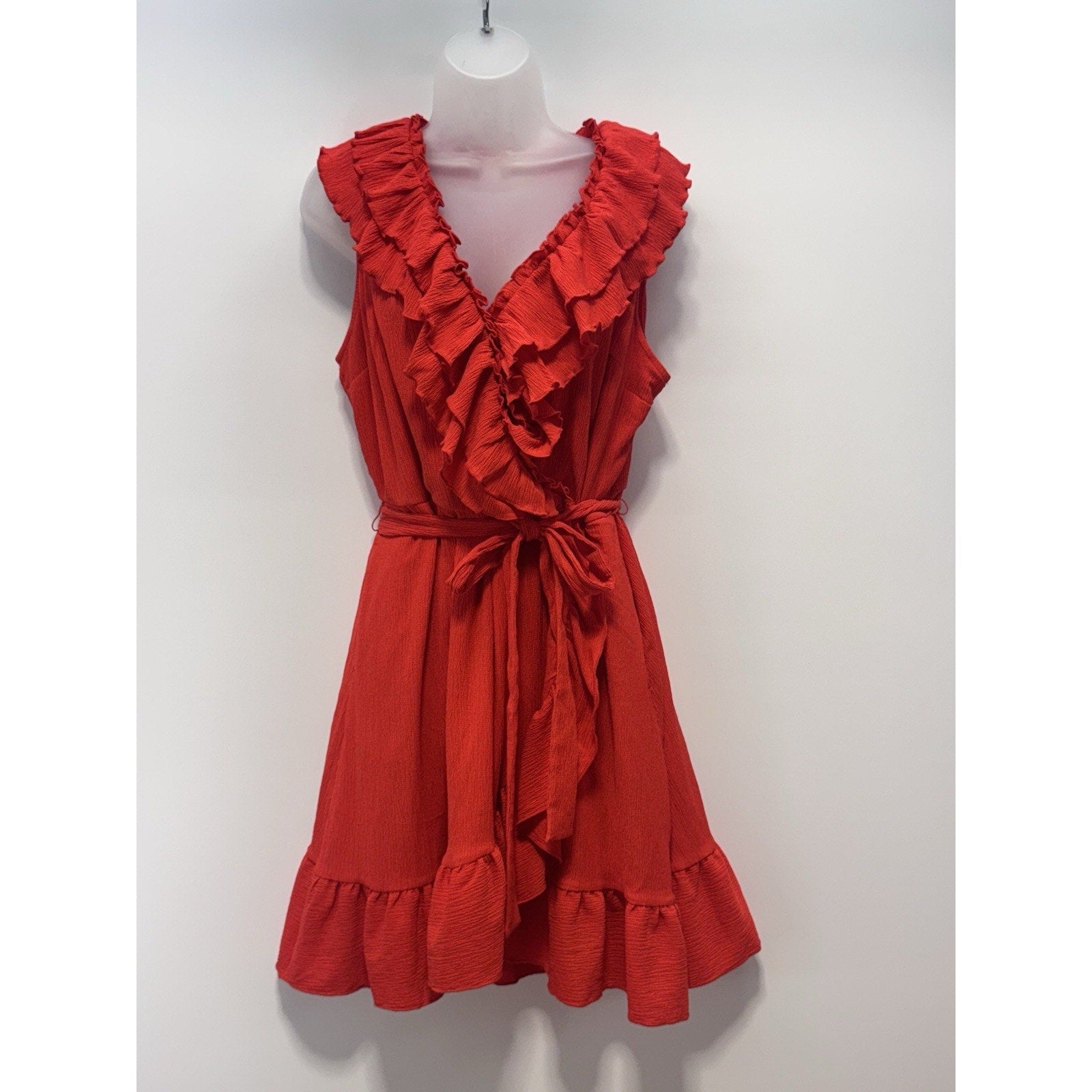 Cato Red Ruffle Flutter Trim V-Neck A-Line Dress Waist Tie Women’s Size Large