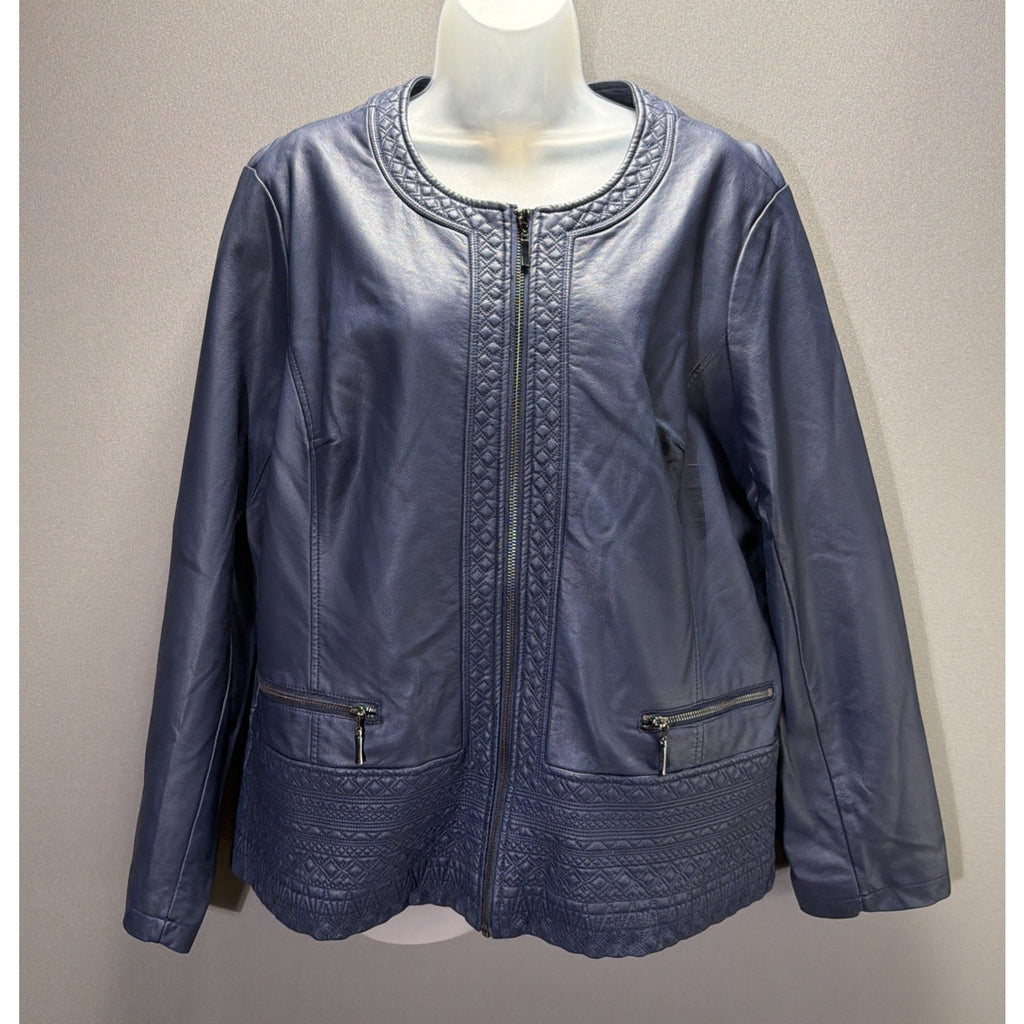 Christopher Banks Blue Faux Leather Jacket Women’s size XL Embroidered New W Tag