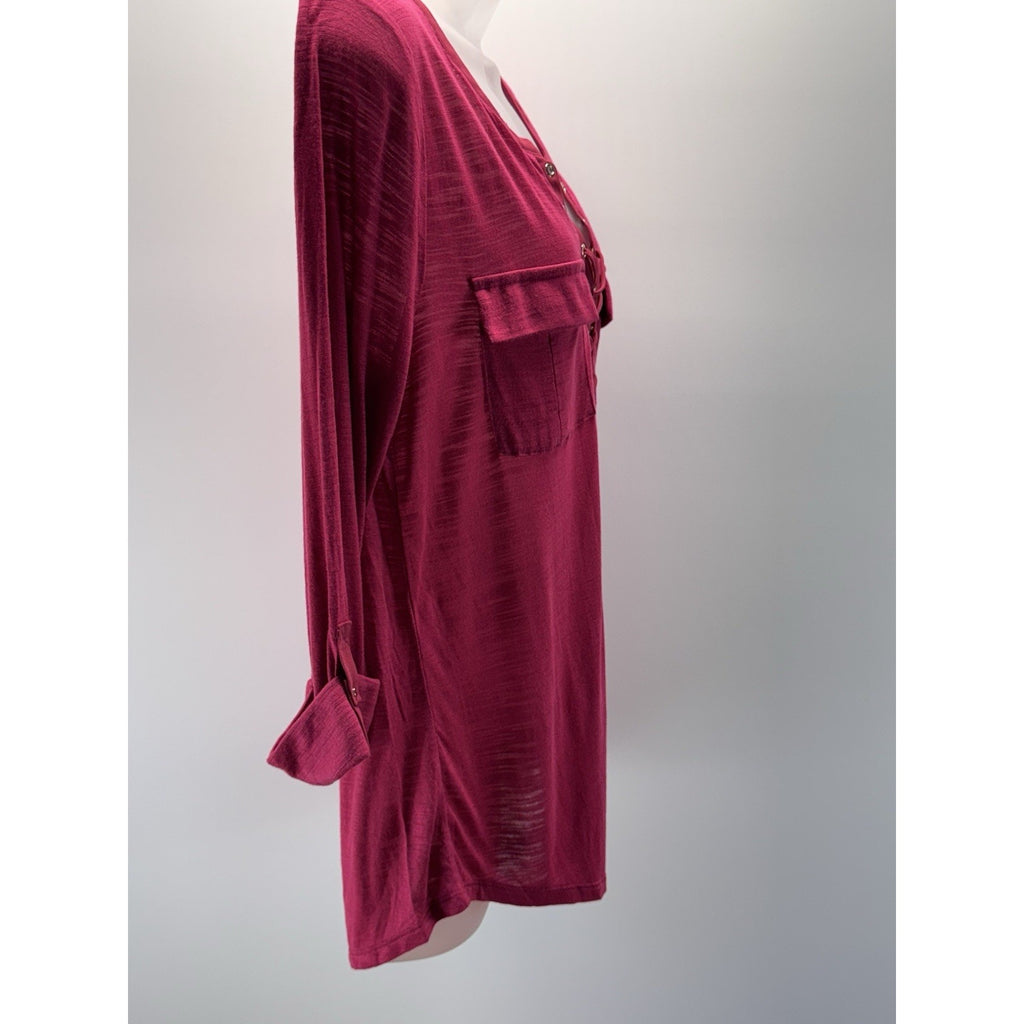 White House Black Market Fusia 1/4 Button Lace Up Pocket Tee Women’s Size M