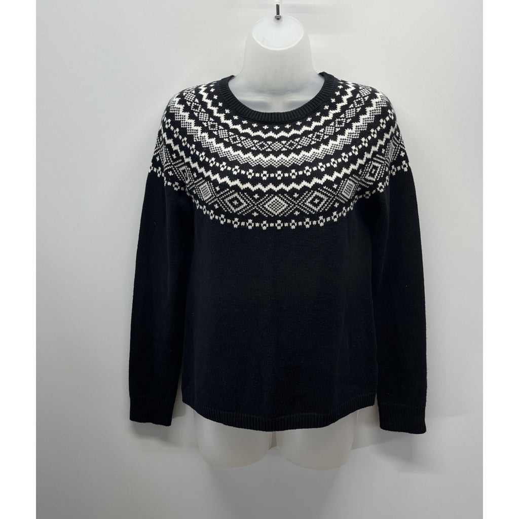 Talbots Nordic Print Sweater Size XS Black White Dolman Sleeves